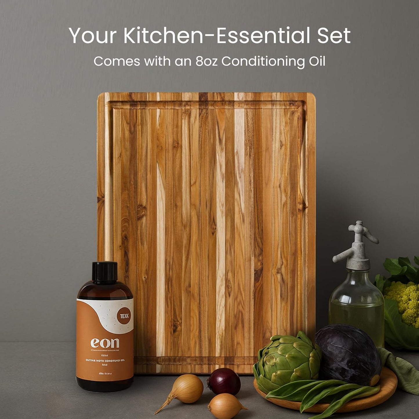 Teakhaus Carving Board and Cutting Board Oil Set - Includes Medium (M) Wood Cutting Board with Juice Groove and EON Food Grade Mineral Oil - Knife-Friendly - FSC Certified