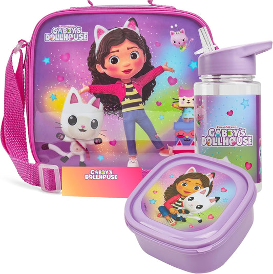 Get Trend Gabby's Dollhouse Kids Lunch Bag Set 3 Pc with Leak Proof Water Bottle and Small Lunch Box Insulated for School Daycare Travel (Gabby’s Dollhouse)