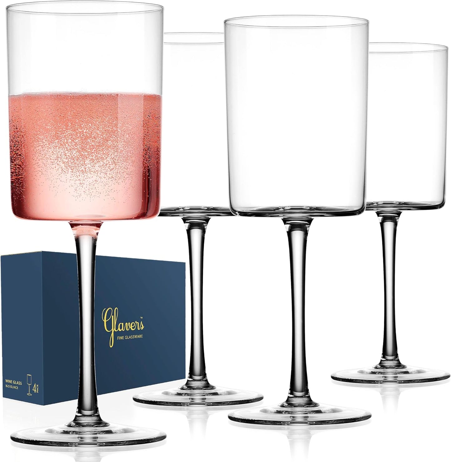 Square Wine Glasses Set of 4-16 oz - Crystal Wine Glass Set in Gift Packaging - Large Red Wine Glass on Long Stem - Housewarming Gifts New Home - Glasses Drinking Set - For White & Red Wine