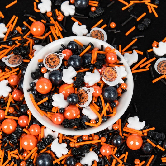 Edible Halloween Pumpkin Sprinkles,Orange Pearls Mix White Ghost,130g/4.58oz,Black Bat Monster,Pearls and Jimmies Mixed,Perfect for Cake Decorations, Baking, Ice Cream, Cookies, Cupcake Topper,Halloween Supplies Children's Party