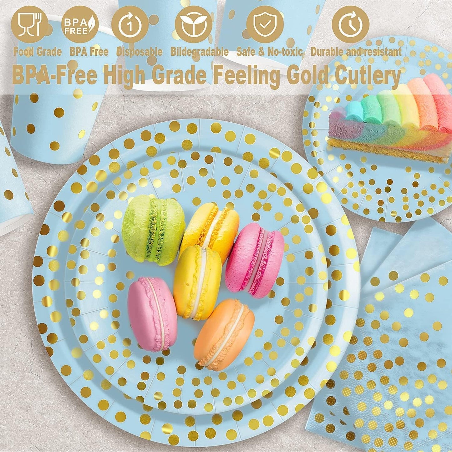 AIRE 175Pcs Blue and Gold Paper Plates Dinnerware Sets for 25 Guests, Party Decorations Paper Plates Party Supplies Gold Plastic Forks Knives Spoons, Golden Dot Napkins Cups For Birthday Baby Shower