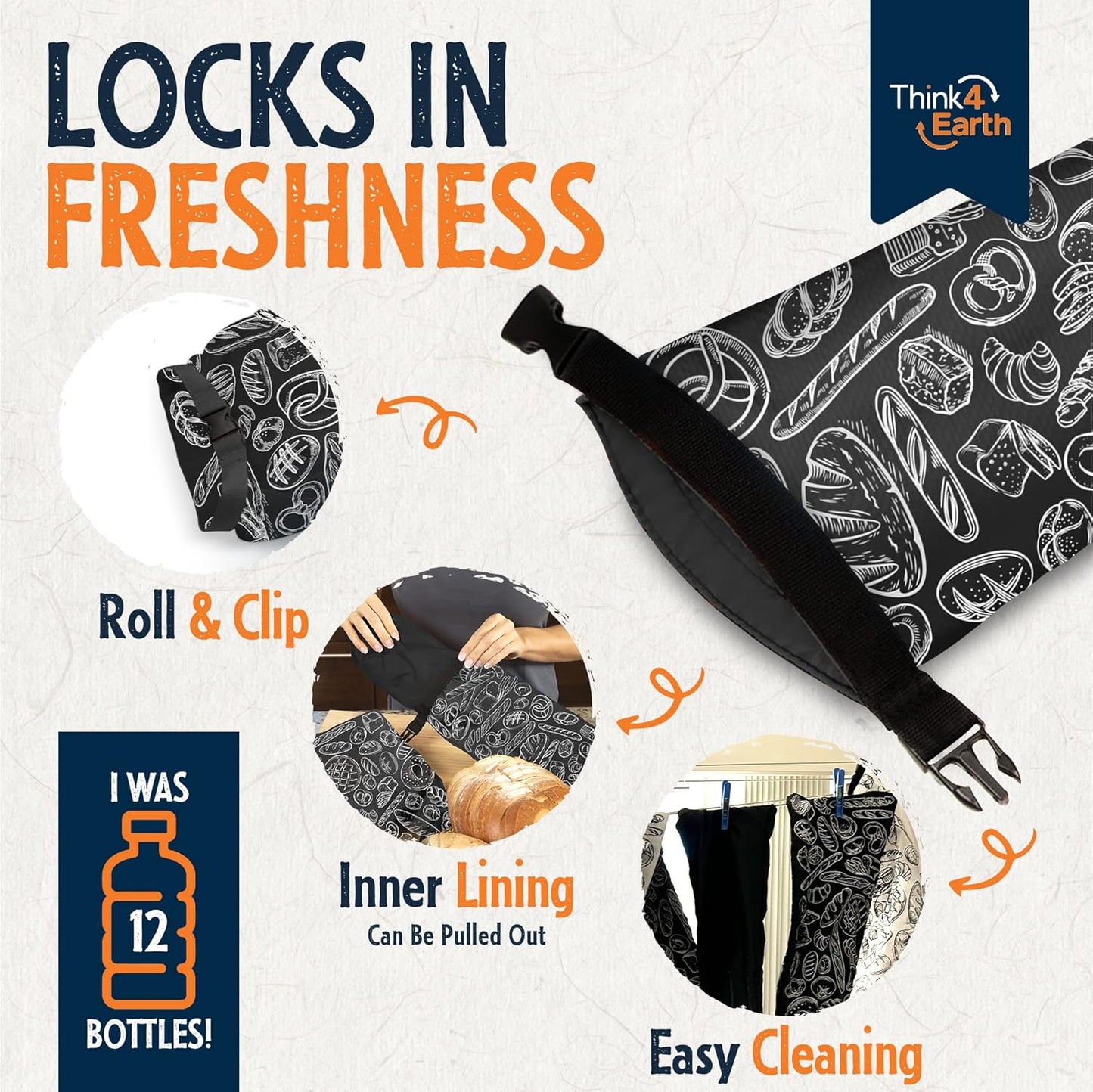 THINK4EARTH® - Large Bread and Baguette Bags (Black, Baguette Bag 2 Pack)