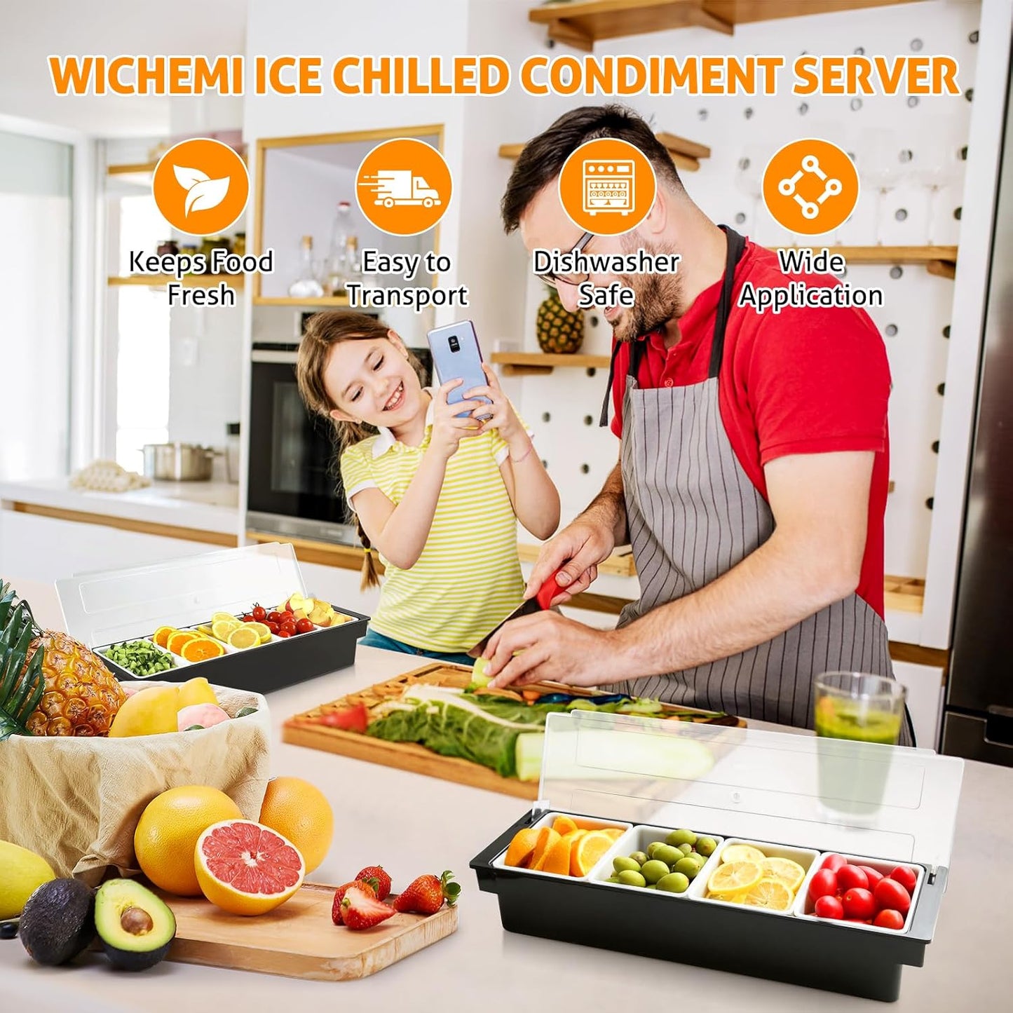 WICHEMI Condiment Container with Lid Ice Chilled Condiment Server with Ice Tray Fruit, Veggie & Condiment Caddy Plastic Garnish Station for Bartending Serving Taco, Salad Bar Container (4 Compartment)