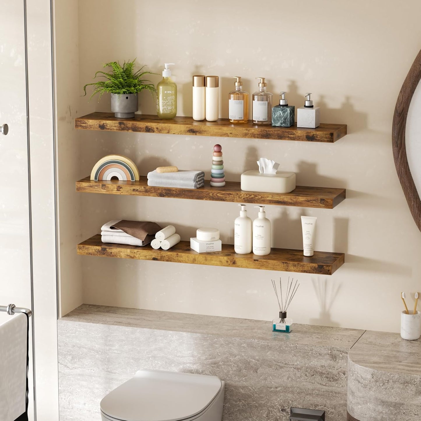 Colima Floating Shelves for Wall Brown Wood Shelf for Bedroom, 36 Inch Wall Mounted Floating Shelves for Bathroom Living Room Kitchen Office, 1.3" Thick Floating Book Shelves Set of 3