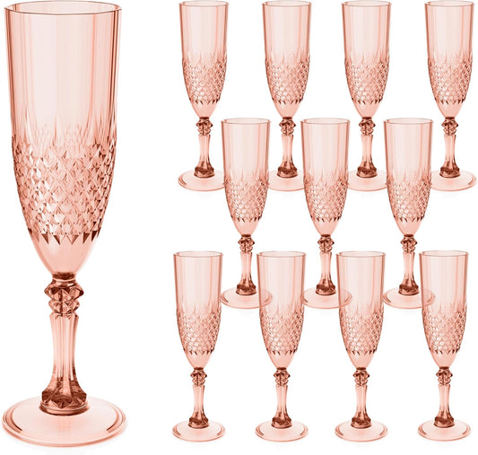 Plastic Champagne Flutes, 12PCS Rose Gold Plastic Wine Glasses Goblets Reusable Champagne Flute for Weddings, Bachelor Parties, Toasting, and Events(12,Rose Gold)