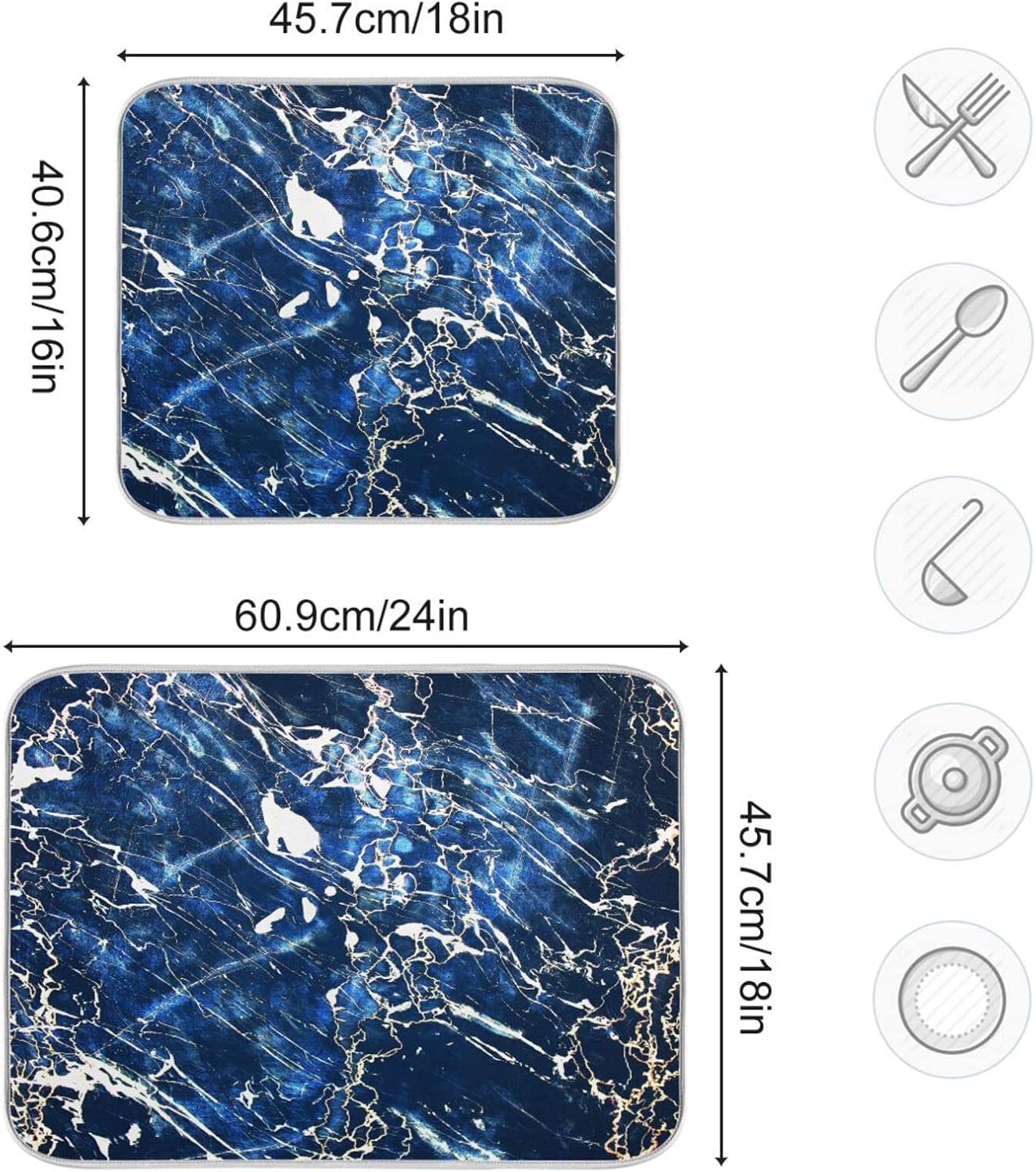 Super Absorbent Dish Drying Mat, Microfiber Fast-Drying Dish Mat, 16" x 18", Kitchen Dish Drying Pad, Marble Black Navy Blue