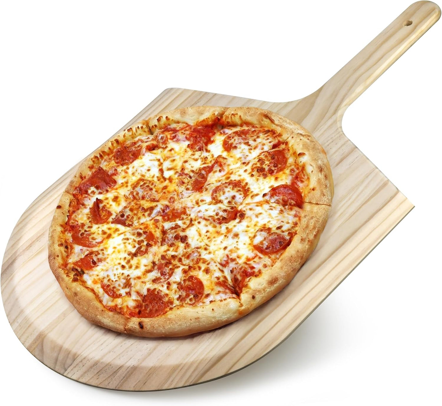 Wooden Pizza Peel, 16 x 14 inch Blade with 8 inch Handle, Pinewood, 24 inch Overall Length with Tapered edge with hole on the end of the handle. (1)