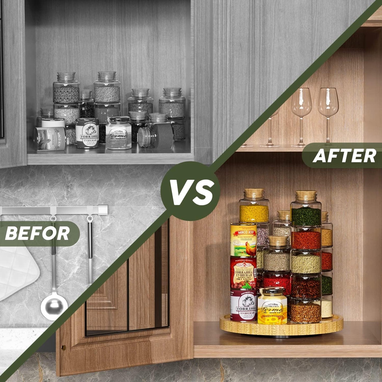 Lazy Susan Organizer, 10 Inch Non-Skid Bamboo Turntable Organizer for Salt Pepper Olive Oil and Spices Next to Stove, Wooden Lazy Susan for Table or Kitchen Countertop Organizer