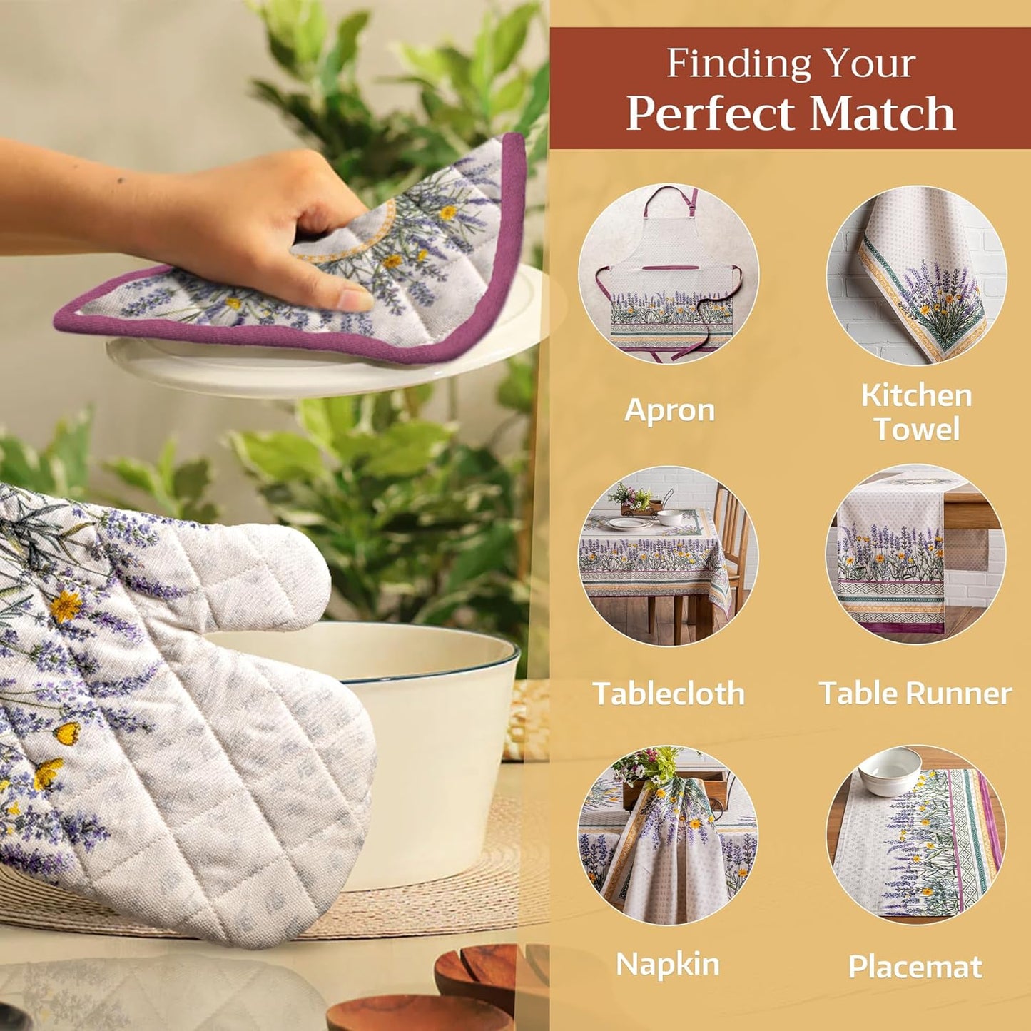 Maison d' Hermine 100% Cotton Oven Mitt & Pot Holder Set (7.5"x13" & 8"x8") Heat Resistant BBQ Cooking Gloves with Loop, Baking, Grilling, Kitchen, Handling Hot Pans Spring/Summer (Fanny Lavender)