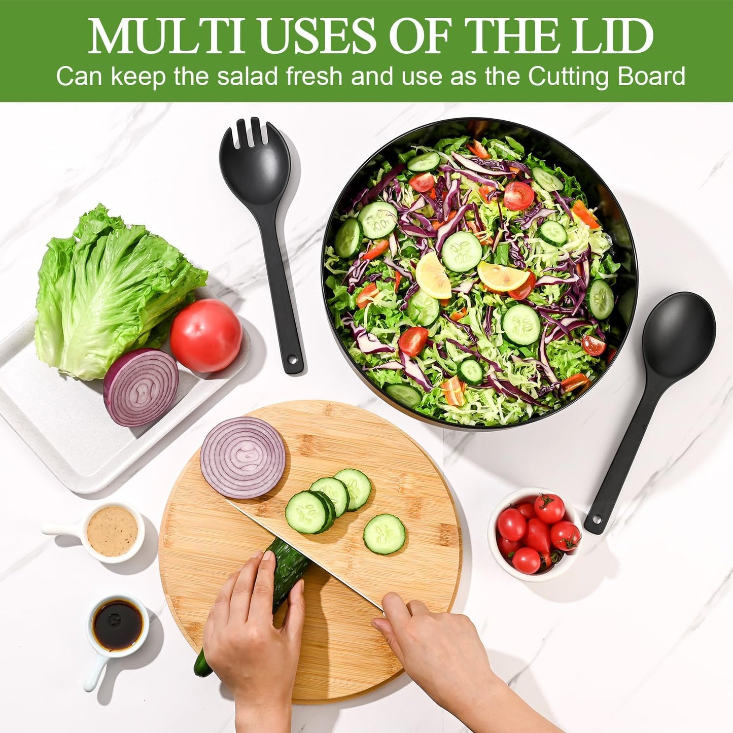 Salad Bowl with Lid, 12" Extra Large Bamboo Fiber Salad Bowl with Servers Set for Kitchen, Nature Bamboo Mixing and Serving Bowl with Lid, Spoon and Fork for Fruits,Salads and Vegetables