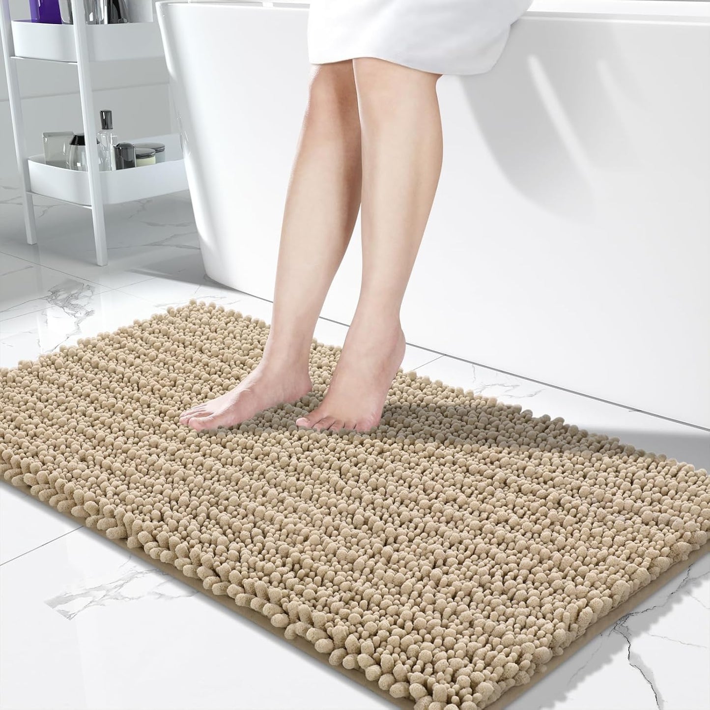 Yimobra Bathroom Runner Rug 55x24 Inch - Extra Long Non Slip Chenille Bath Mat, Soft & Absorbent, Machine Washable Shaggy Hallway Carpet for Vanity Tub Shower, Pale Khaki Home Decor Accessories
