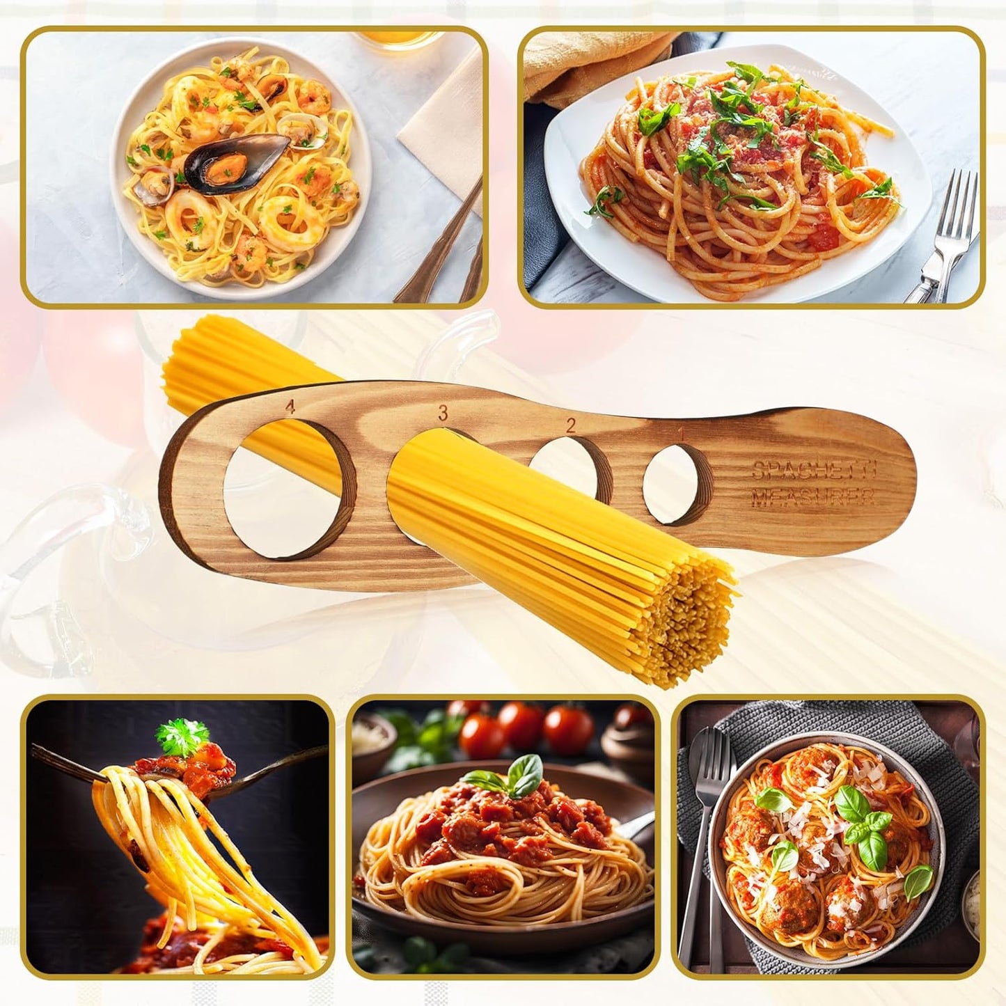 Wood Spaghetti Pasta Measurer Tool with 4 Serving Pasta Measuring Portion Control Gadgets Kitchen Accessories 4 Holes Quick Spaghetti portion Tool for Kitchen Cooking