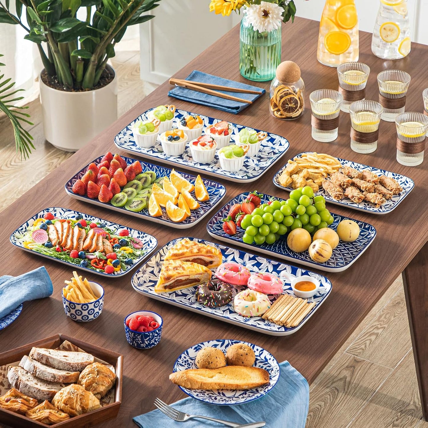 vancasso Serving Platters Set of 3, 16"/14"/12" Inch Rectangular Trays - Serving Platter Extra Large, Ceramic Serving Dish Microwave & Dishwasher Safe (Vintage Blue A)