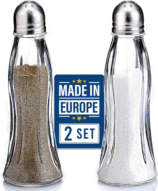 Salt and Pepper Shakers Glass Set, Clear Curved Design, Classic Restaurant Style, Glass Body with Stainless Steel Lids, 4.7 in