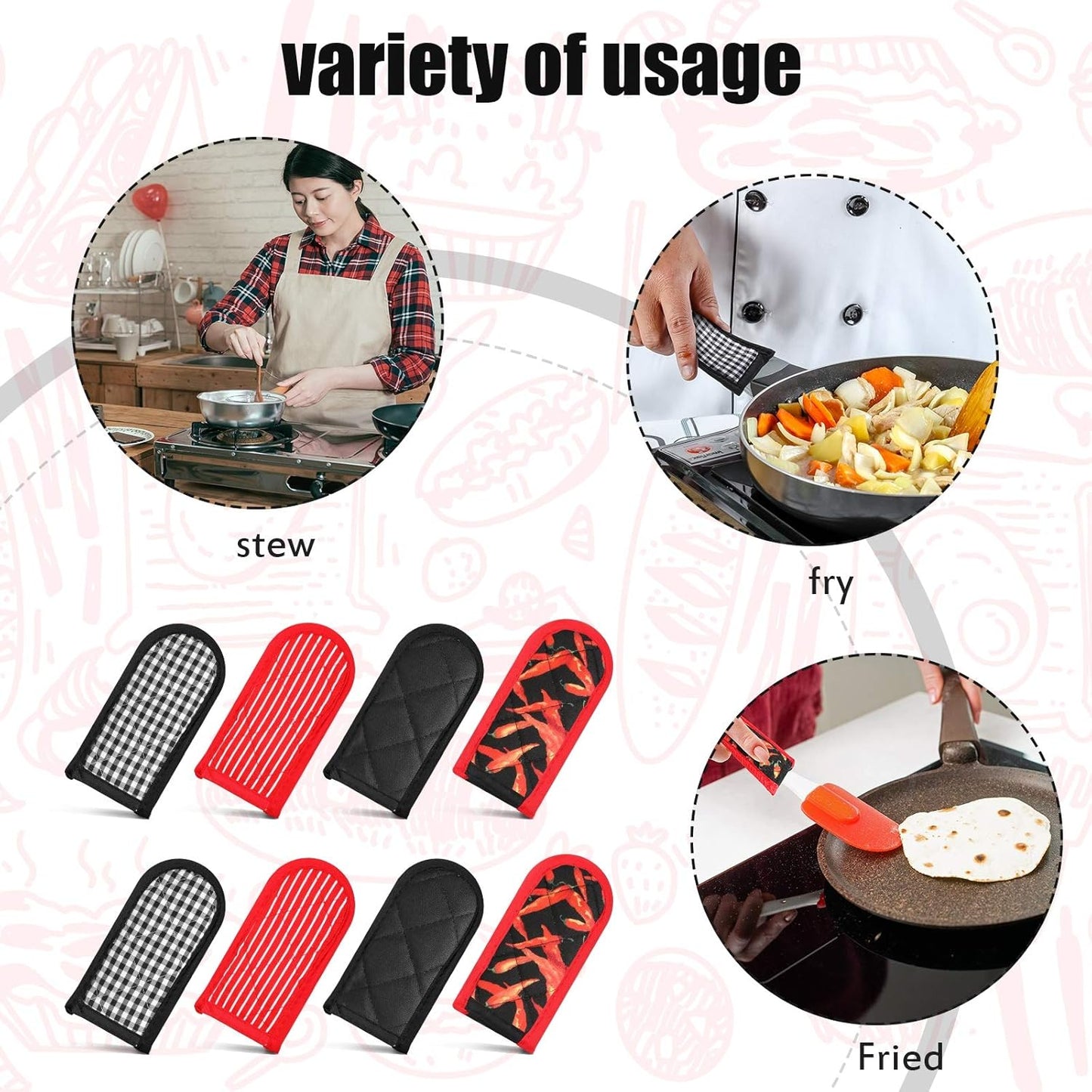 Geiserailie 8 Pieces Pan Handle Sleeve Heat Resistant Pot Sleeve Grip Non-Slip Skillet Pot Holder Machine Washable Cast Iron Handle Cover Cotton Assist Holder, 4 Styles, 3 x 6 Inch(Elegant Style)