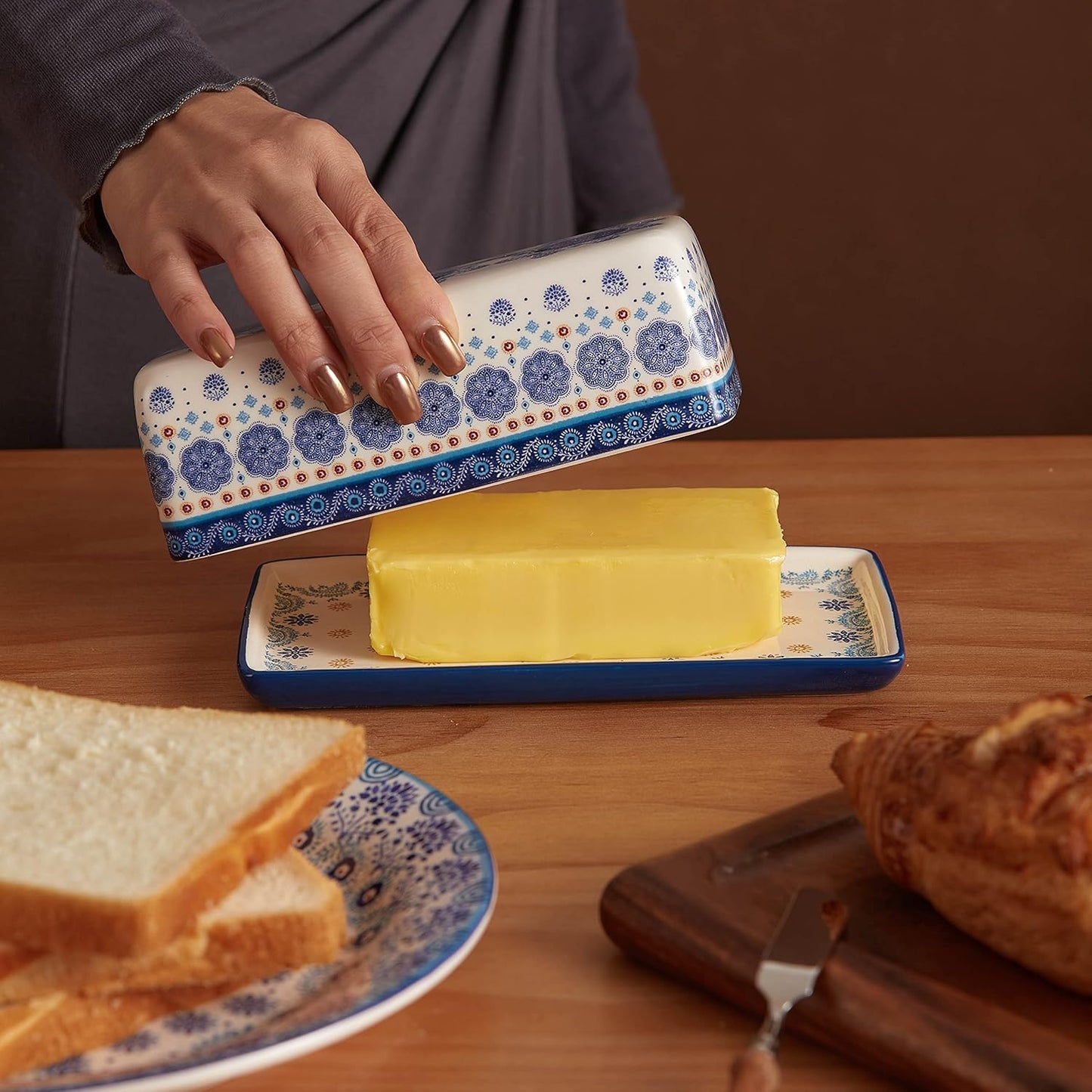 Bico Blue Talavera Ceramic Butter Dish with Lid, Wide Butter Keeper for Counter, Kitchen Countertop, Microwave and Dishwasher Safe