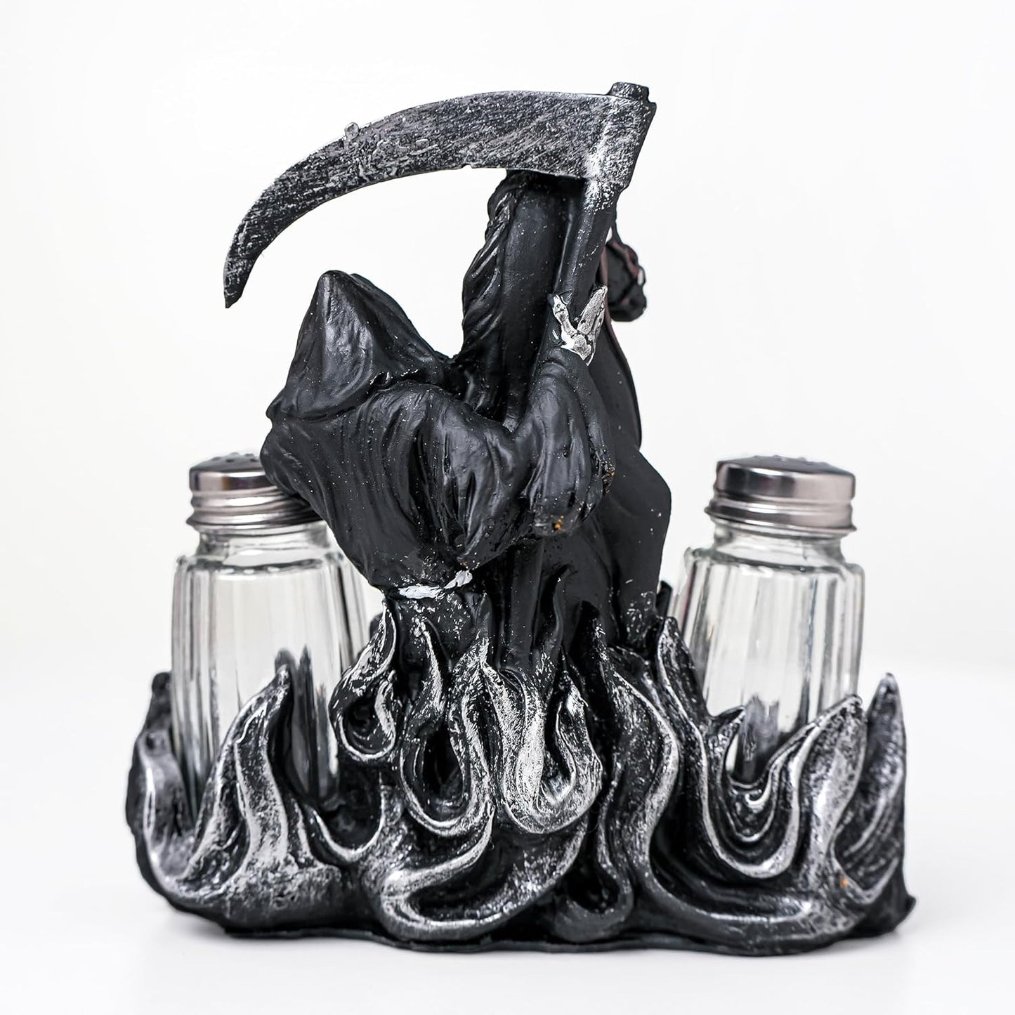 Black Holy Death Statue Shaker Holder - Salt And Pepper Dispenser with Resin Grim Reaper Figurines And Collectibles Holder - Farmhouse Kitchen DéCor with Glass Spice Jars