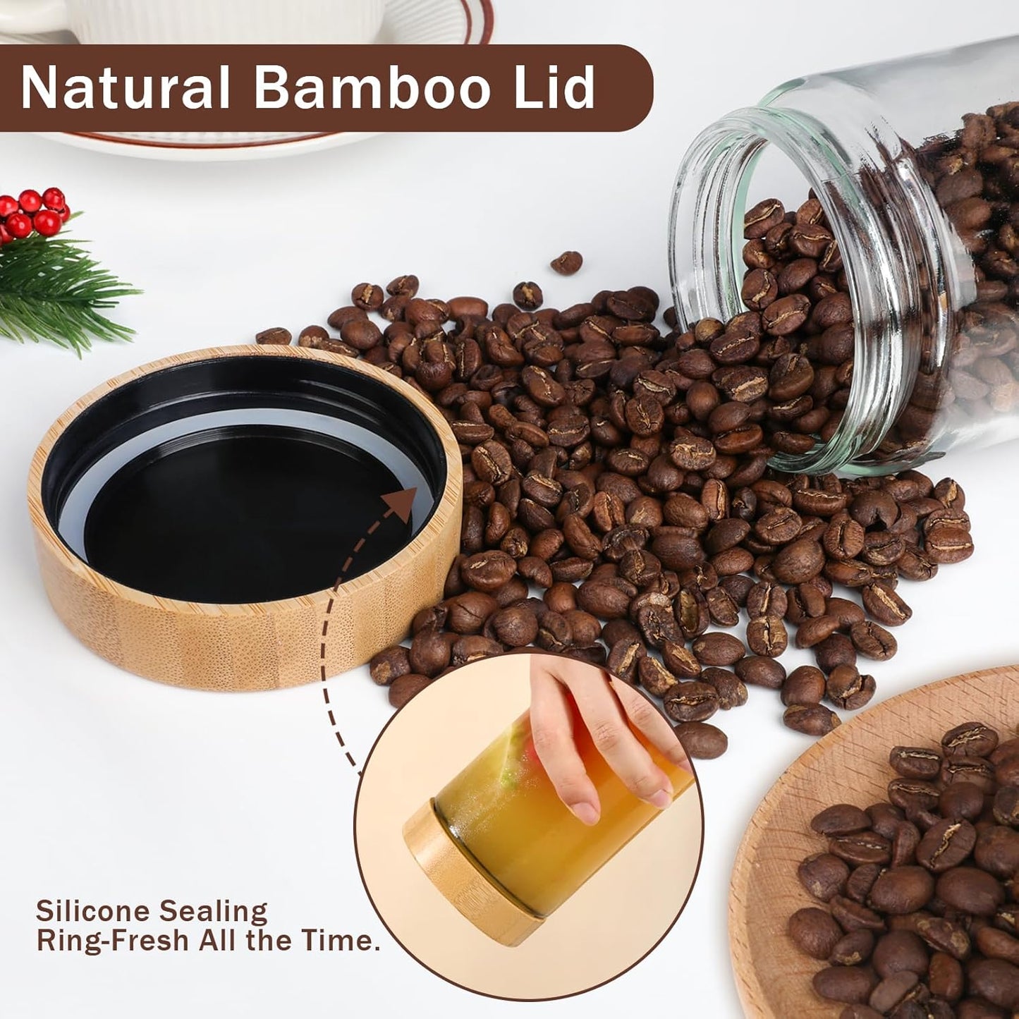 OcePor 6 Pack Glass Jars with Bamboo Lids, Over Night Oats Container with Airtight Lid, Glass Snack Storage Salad Jars For Food, Yogurt, Sugar and Flour,Coffee Bean, Cookie, Cereal