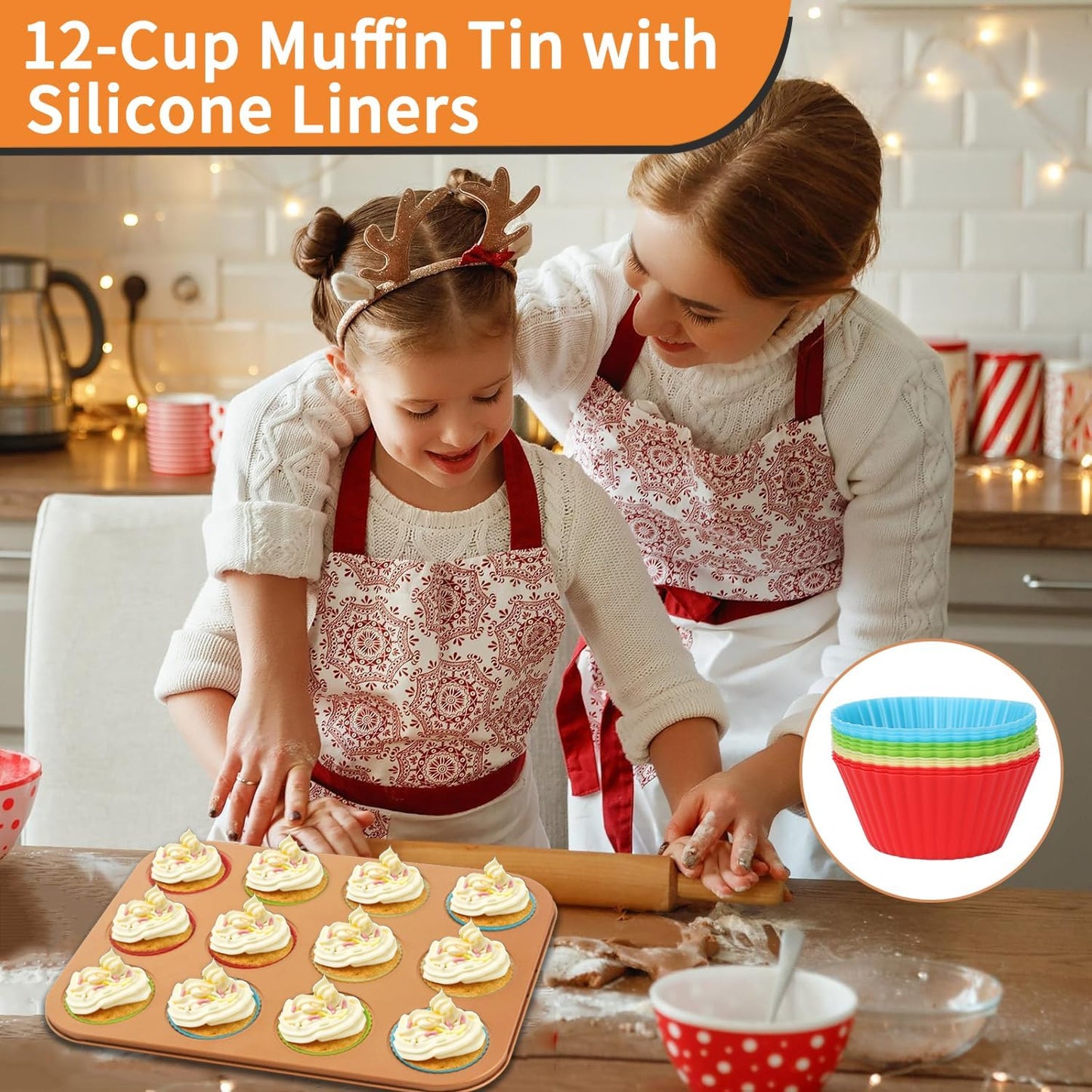 Baking Pans Set 6-Pieces, Non Stick Bakeware Set Stackable, with Cookie Sheet, Muffin, Round/Square Cake Pan, Loaf Pan, Rack, Oven Mitt for Home Baker, Gold