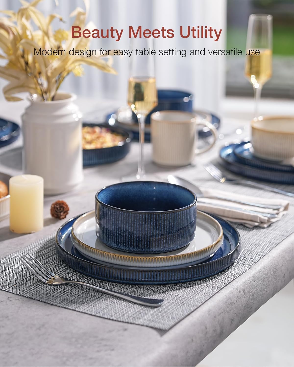 Famiware Star Dinnerware Set, Plates and Bowls Sets for 8 (24pcs), Ribbed Stoneware Dishes - Chip & Scratch Resistant, Microwave & Dishwasher Safe, Multicolor - Cappuccino White & Nebulas Blue