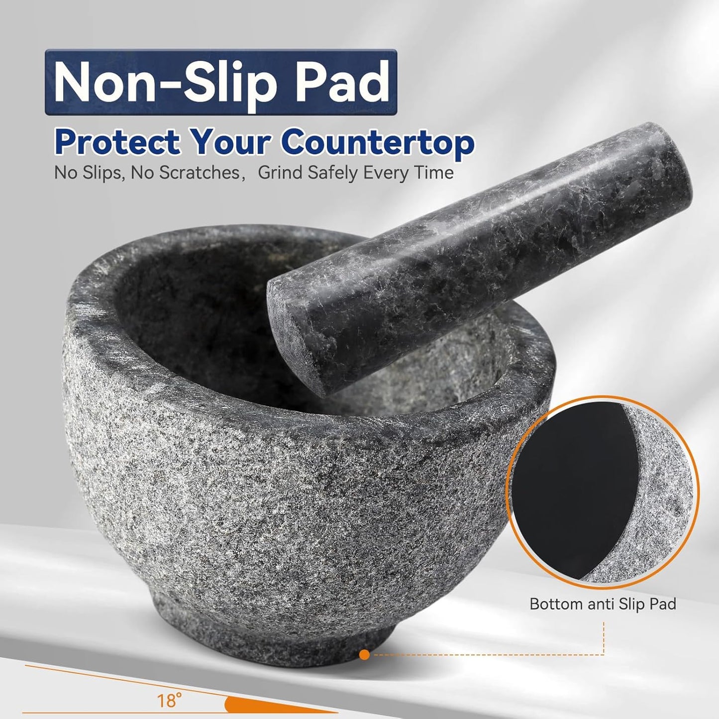 Koville African Natural Granite Mortar and Pestle Set, Grinder Bowl for Guacamole, Salsa, Pill Crusher, Spice, Herb, Garlic, Nut, Heavy Duty Grinder for Kitchen (Sandblasted Finish)