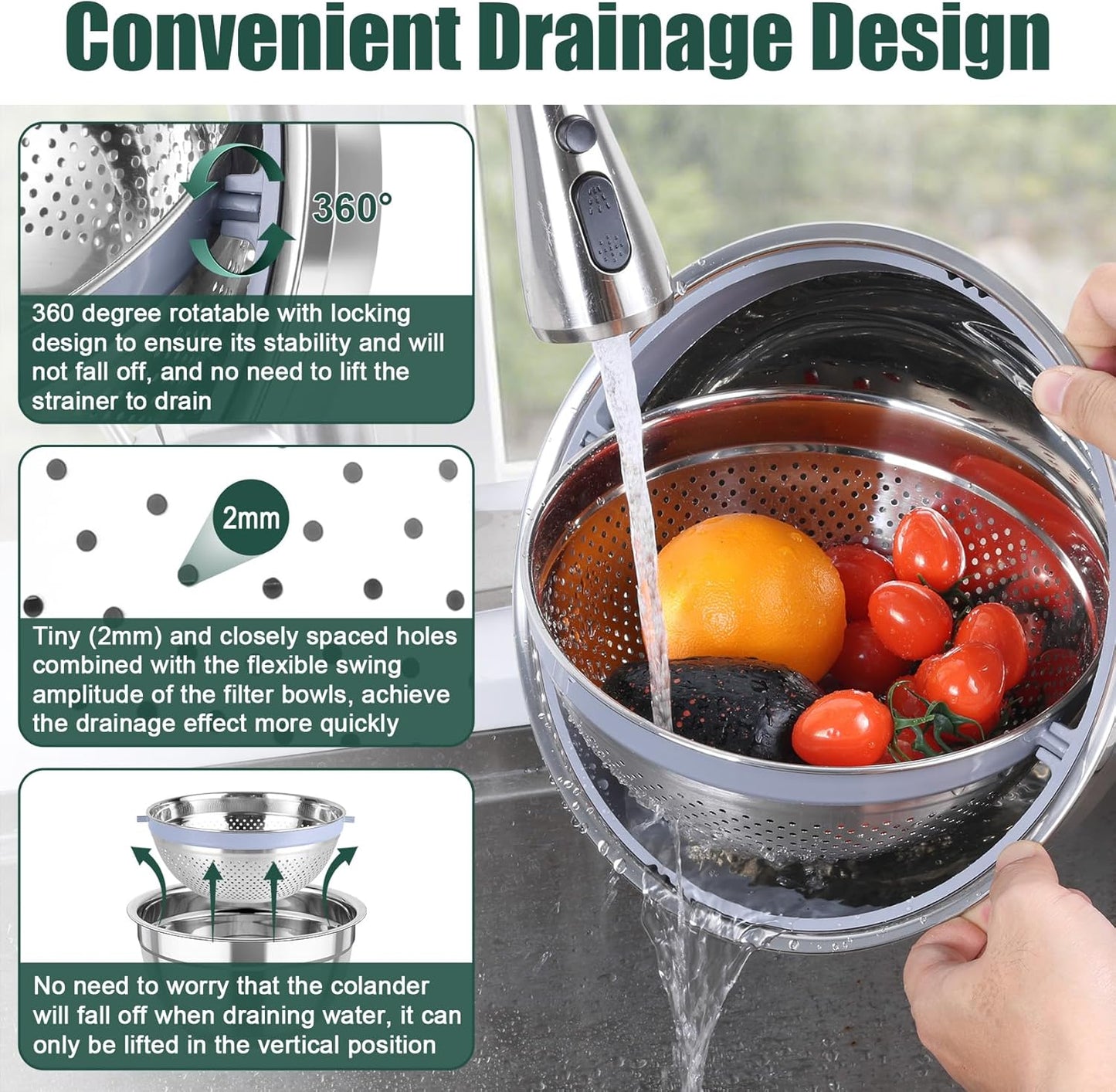 TeamFar Mixing Bowls with Colander Set, Stainless Steel Strainer and Nesting Salad Bowls, with Lids & 3 Graters, Non-Slip Bottom & Visible Lid, Rotatable & Dishwasher Safe, 4.6/3/1.5 QT, Black