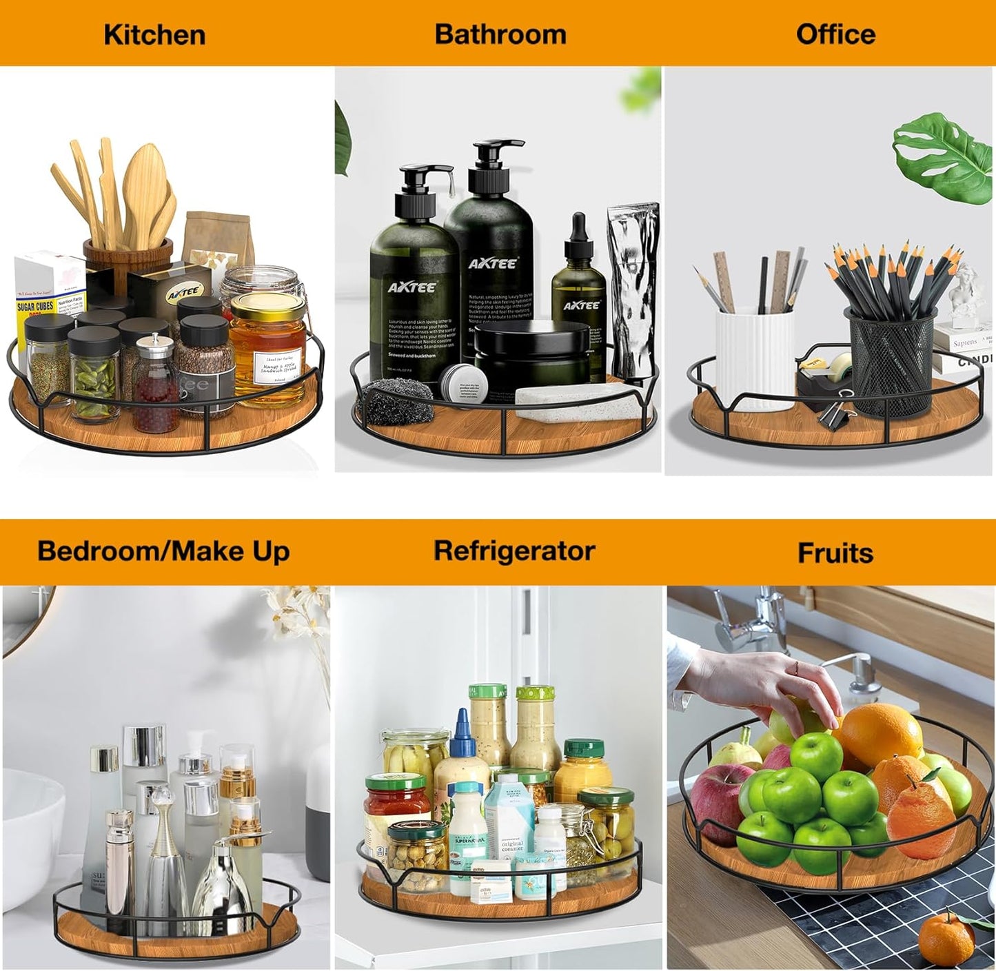 Lazy Susan Turntable Organizer for Cabinet Pantry Kitchen Countertop Refrigerator Cupboard, Pine Wood, 9", Carbonized Black