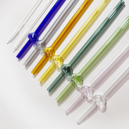 Glass Straws Sets Reusable Glass Straws with Hollow Heart Charms & 2 Cleaning Brush Colorful Heat Resistant Straw Home Drinking Decoration Gift For Girls