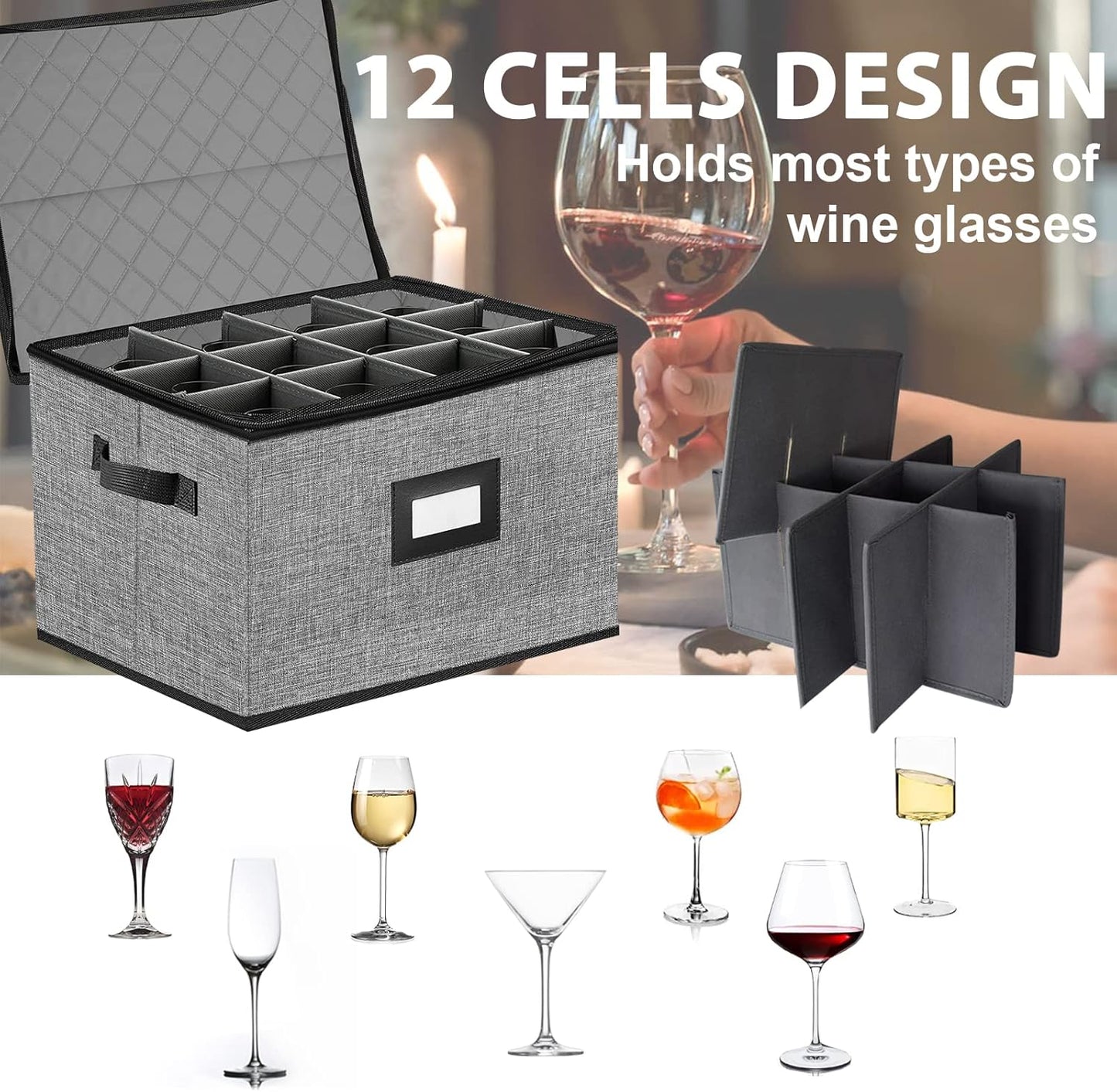 China Storage Containers hard shell-Quilted Wine Glass Storage Box,Moving Boxes,Storage Containers for Organizing,Stackable Stemware Storage Cases,Moving Supplies,Household Essentials