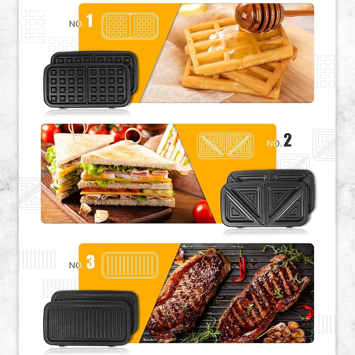 Waffle Makers, 3-in-1 Waffle Iron Panini Press Sandwich Maker with Removable Plates, 5-gears Temperature Control Non Stick Coating Cool Touch Handle Anti-skid Feet for Breakfast 1200W 120V