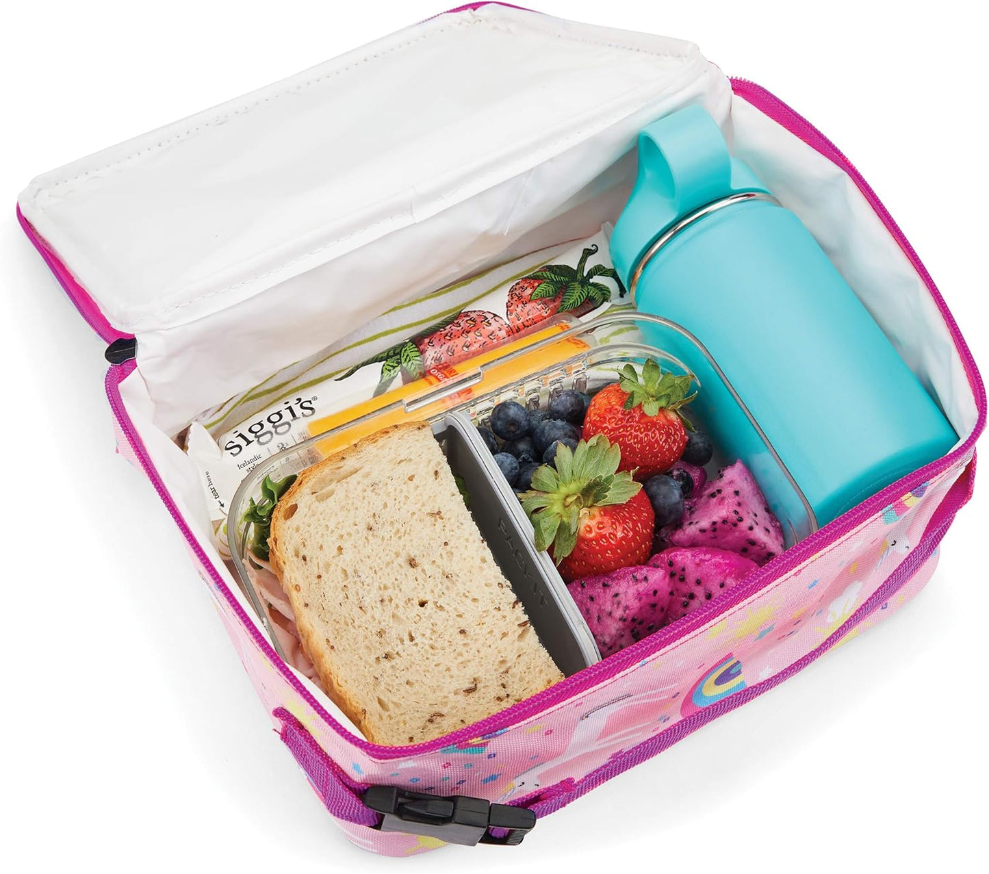 PackIt Freezable Classic Lunch Box, Unicorn Sky Pink, Built with EcoFreeze Technology, Collapsible, Reusable, Zip Closure With Zip Front Pocket and Buckle Handle, Perfect for School Lunches