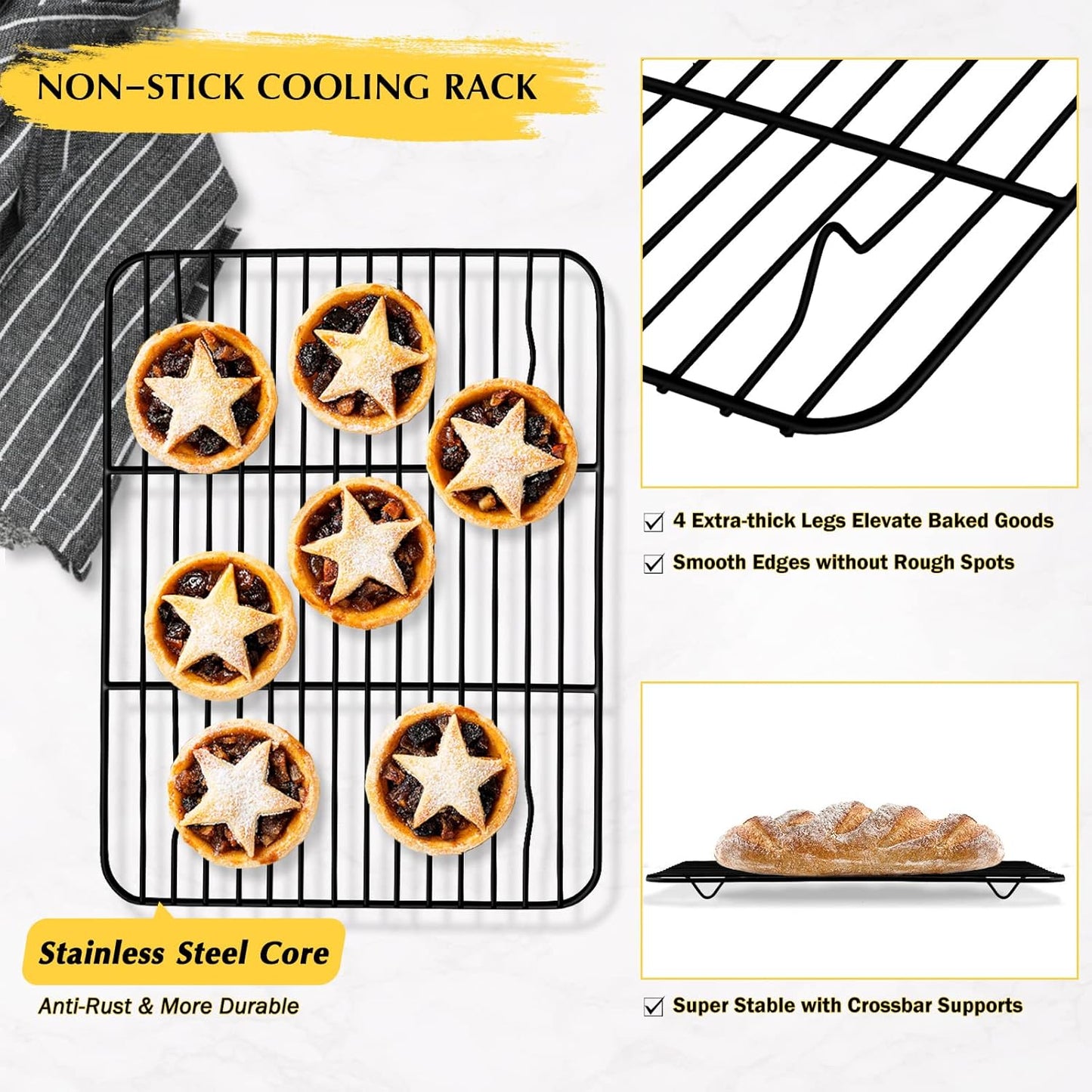 Small Baking Cooling Rack Set of 2, E-far Non-stick Toaster Oven Rack for Cooking Roasting Grilling Broiling Meat Bacon, 9.7” x 7.3” Metal Bakeable Wire Racks for Cookie Cake - Easy to Clean