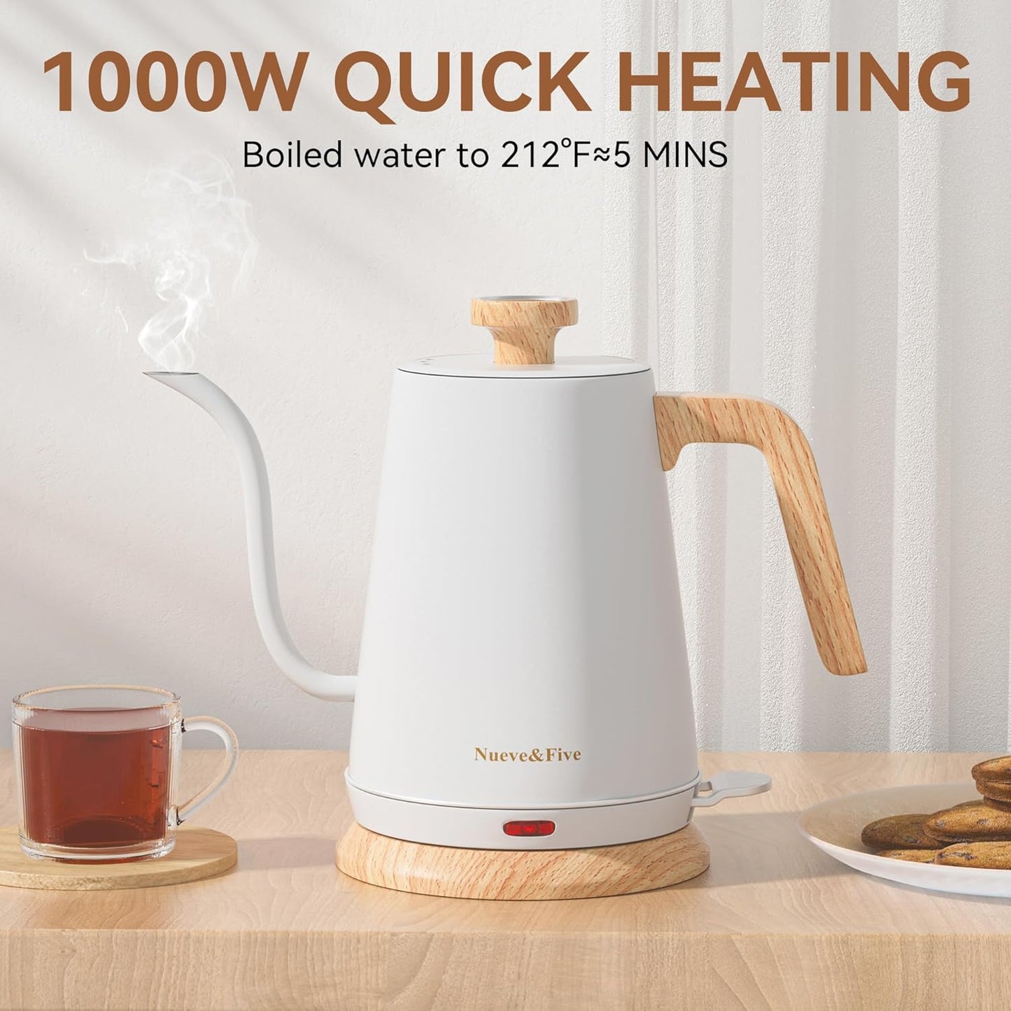 Nueve&Five Gooseneck Electric Kettle with Thermometer,Electric Tea Kettle 1L with Auto Shut-Off,1000W Hot Water Kettle of Stainless Steel for Coffee & Tea -White