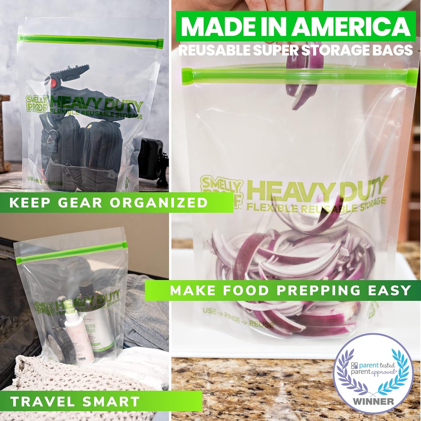 HEAVY DUTY Reusable STAND-UP Bags for Food Storage by Smelly Proof, USA Made, NO PEVA & BPA FREE, Reusable Freezer Bags, Dishwasher-Safe, Triple Zip, CLEAR 5-mils LRG Quart 8.75" x 9.5" - 5pk