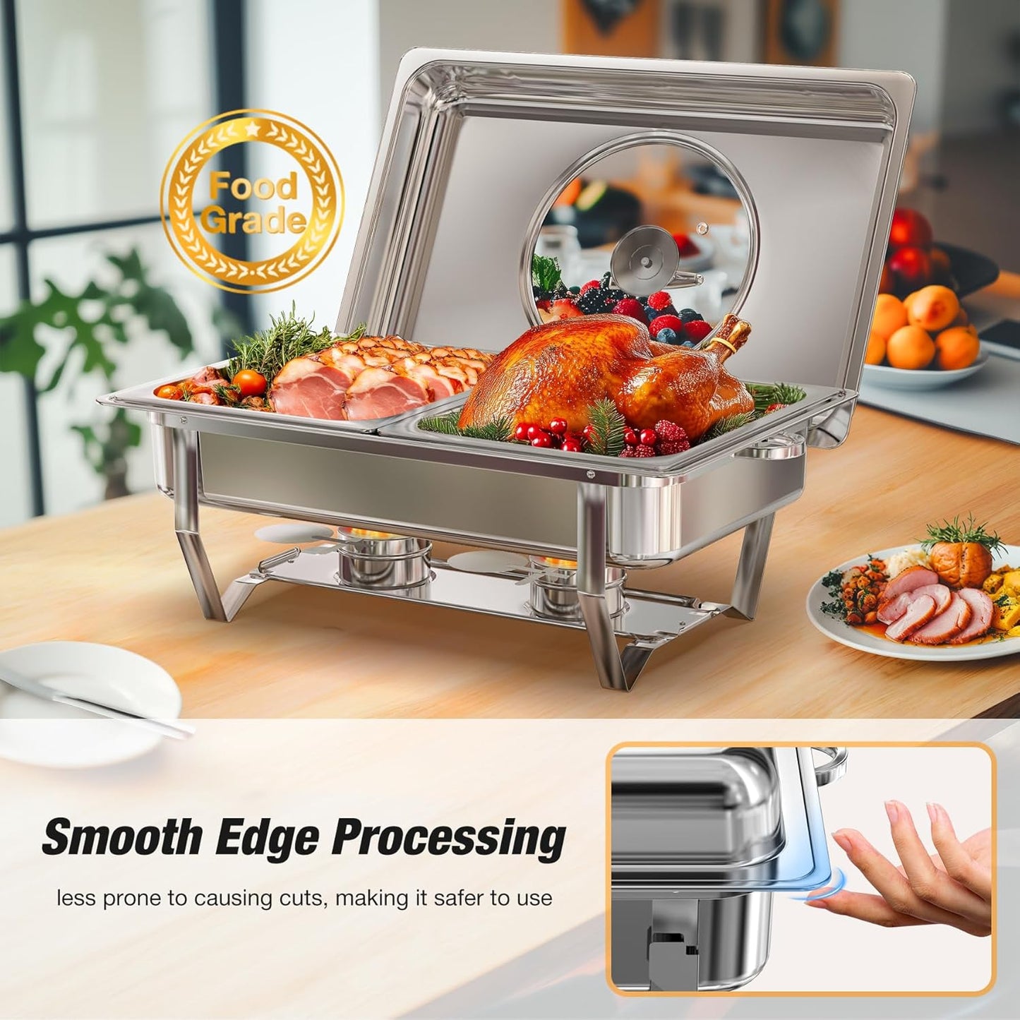 Chafing Dishes for Buffet with Glass Lid (9QT, 2Pack) - Food-Grade Stainless Steel, Rolled Edge Design, Foldable Frame, Lid Holder, Buffet Servers and Warmers Parties, Catering, Weddings