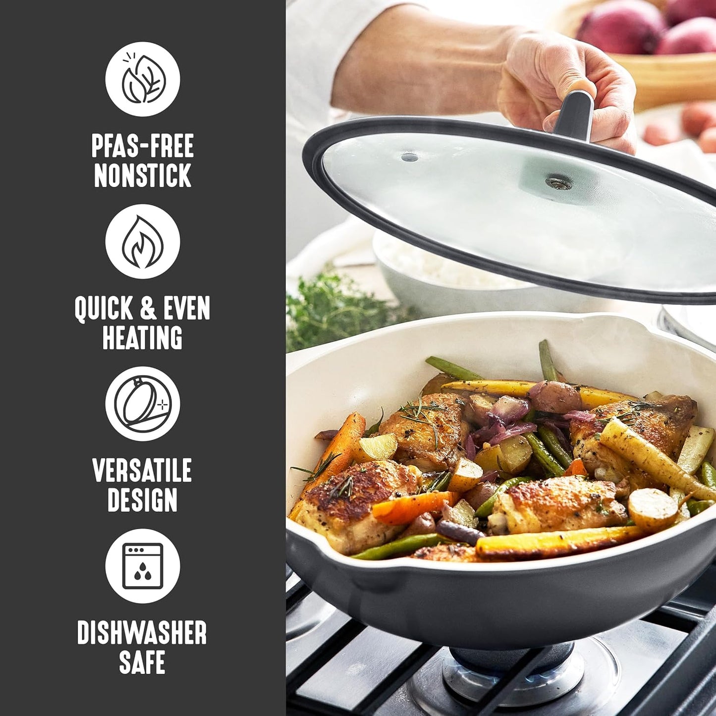 GreenLife Nonstick 12” (5QT) All in One Deep Skillet Wok with Lid, PFAS-Free Non-Toxic Ceramic Multi-Purpose Pan, Induction, All Stovetop, Egg, Stir Fry, Saute, Stay Cool Handle, Graphite