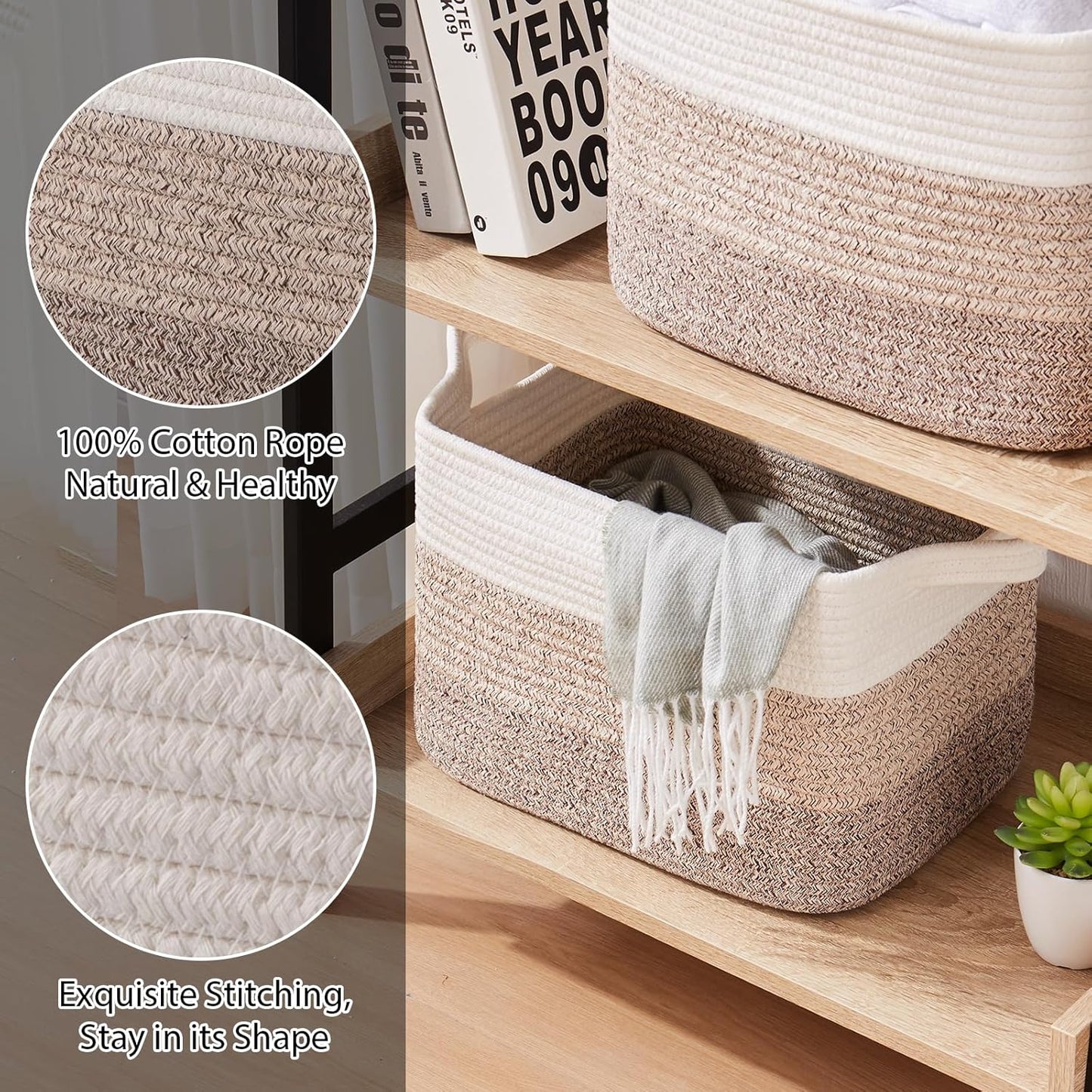 Storage Baskets for Organizing, Woven Baskets for Shelves, Rectangle Decorative Organizer for Storage Clothes, Toy, Books, Towels Nursery Bins 3 Pack (Gradient Yellow)