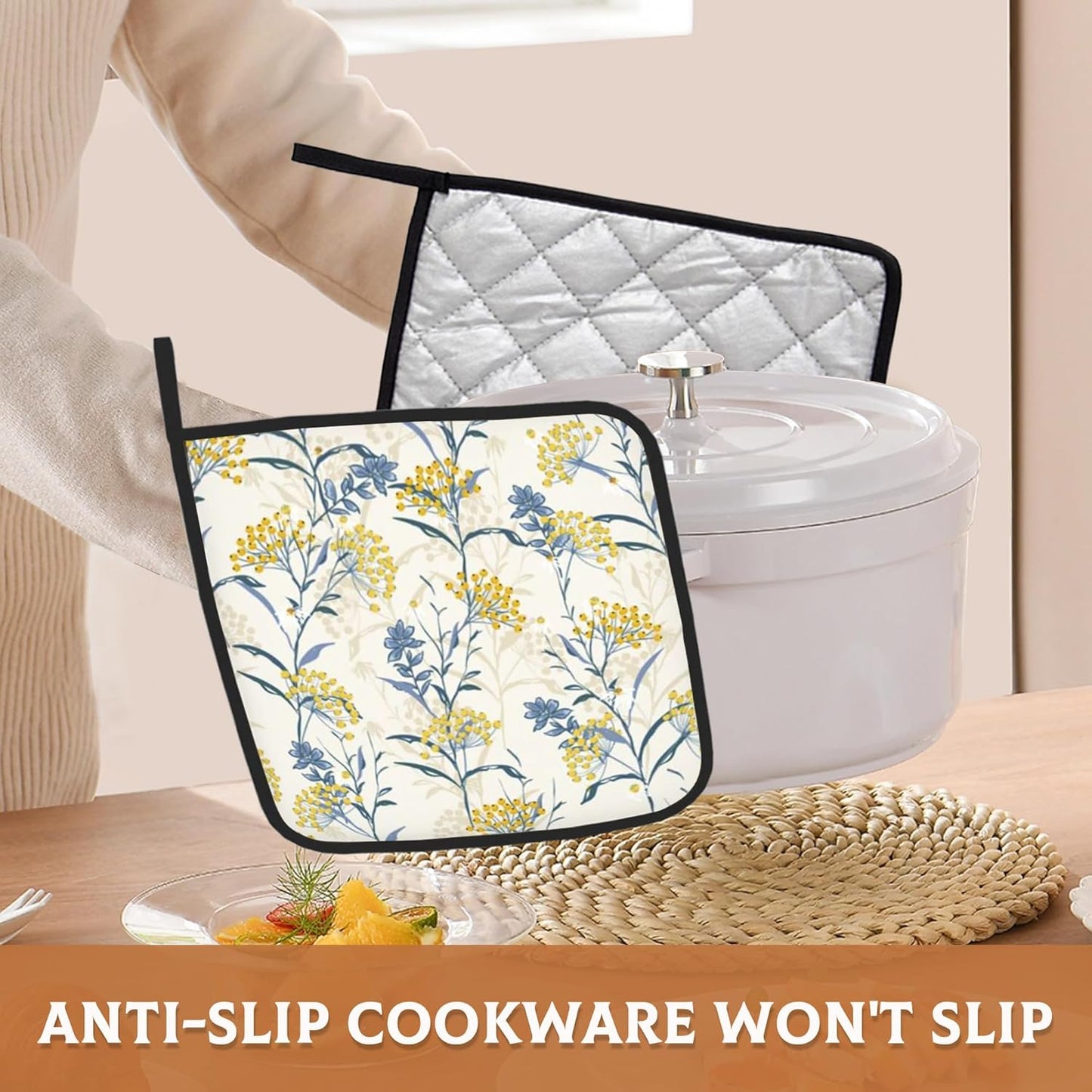 Vintage Floral Plan Pot Holders Set of 2 Heat Resistant Potholders,Yellow Blue Fire Oven Hot Pads for Kitchen Cooking Baking Barbecue