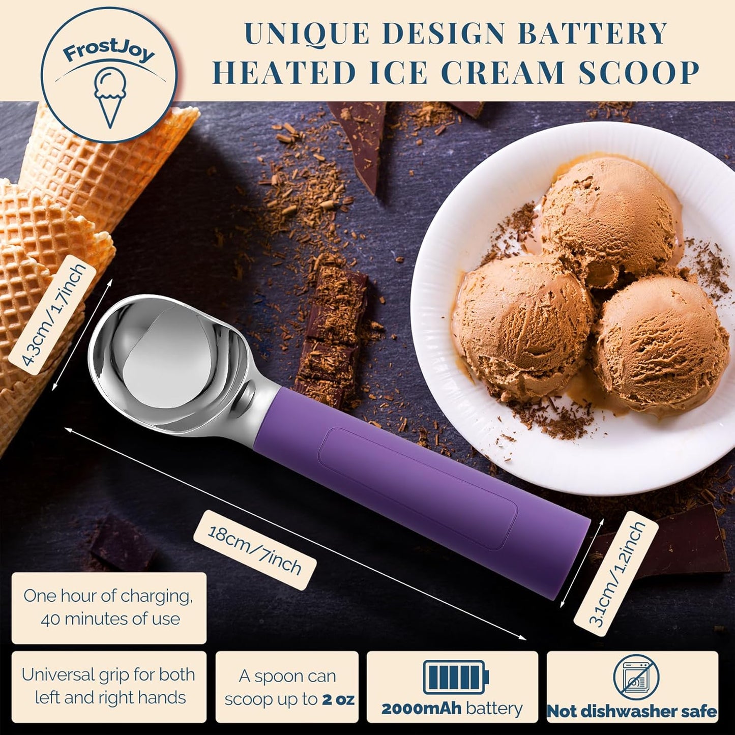 Heated Ice Cream Scoop Rechargeable, Electric Warming Ice Cream Scooper with LED Display, Heats to 158°F for Hard Ice Cream, Easy for Seniors & Kids, IP67 Waterproof (Royal Purple, 2oz)