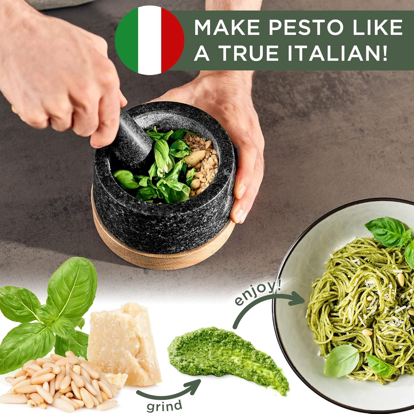 WALDWERK Mortar and Pestle - Mortar and Pestle Set with Anti-Scratch Oak Wood Base - Mortar with Extra Large Pestle Made of Natural Granite - Large Mortar and Pestle - Ideal for Guacamole