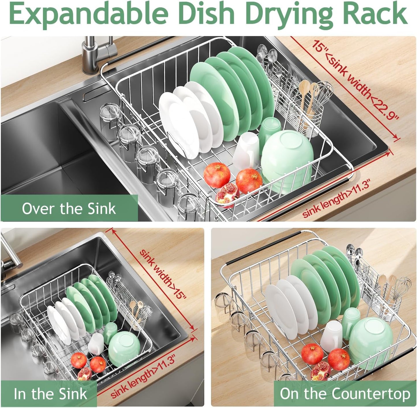 Dish Drying Rack in Sink, Extendable Stainless Steel Dish Drainers for Kitchen Counter, Anti-Rust Dish Dryer Rack with Utensil & Cup Holders, for Inside Sink, Over The Sink