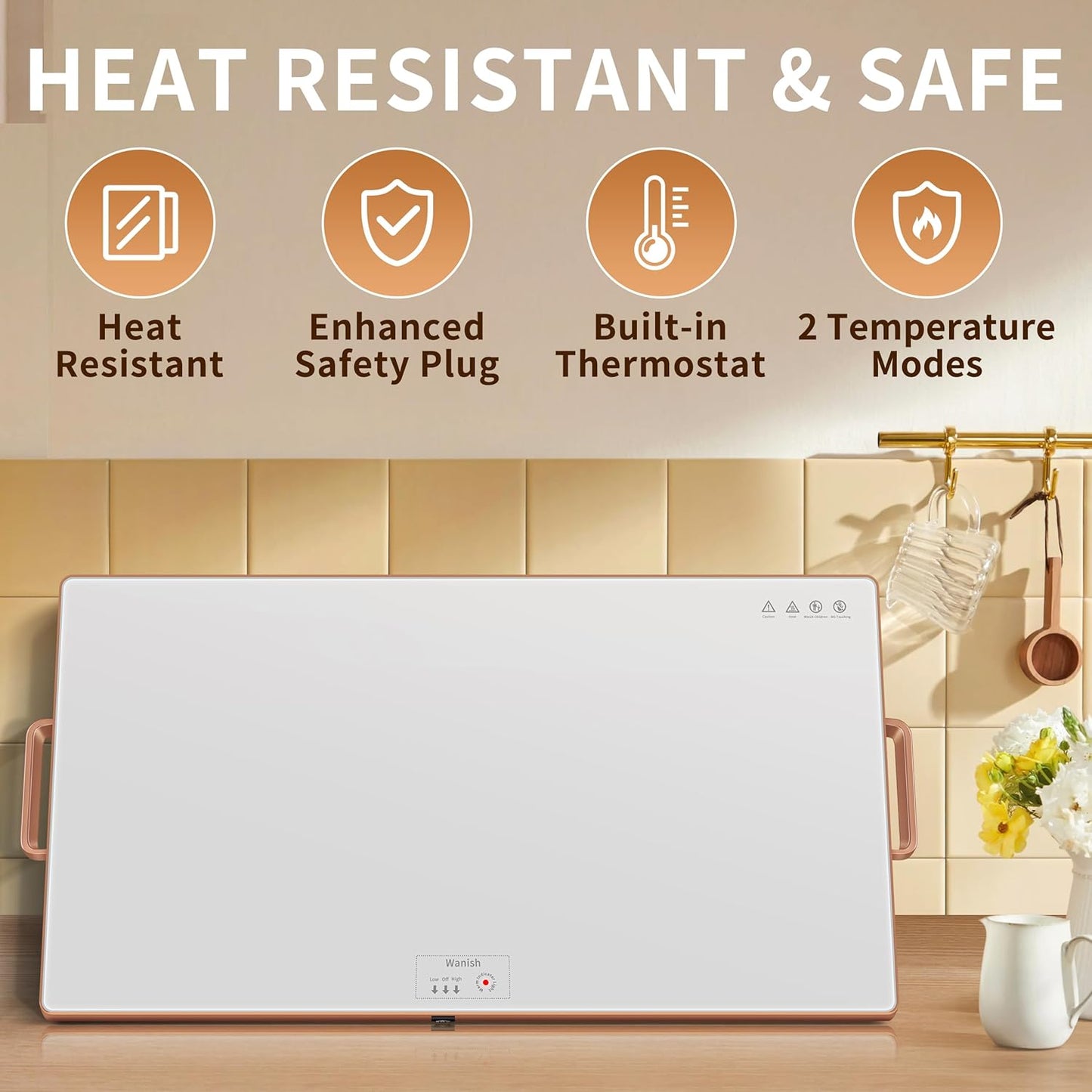 Electric Warming Tray (XXL 32”x18”)，Food Warmers for Parties Buffet with Thermostat&Full Surface Heating,Tempered Glass Warming Mat for Food, Temperature Adjustable Gold Handles Food Warming Mat,White