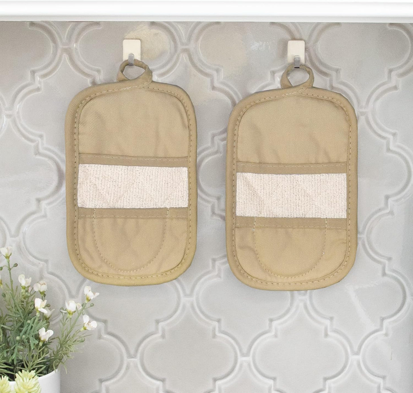 Ritz Premium Pot Holders & Heating Pads (4-Pack), 8.5" x 5.5", Heat Resistant, 100% Cotton Terry-Looped Pocket, for Kitchen and Barbeque, Biscotti