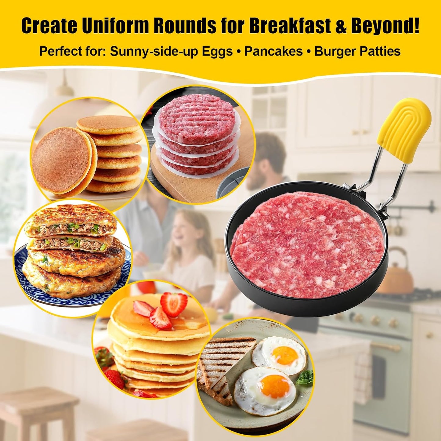 4 Pack Fried Egg Molds Round Stainless Steel Fried Egg Ring with Silicone Handle Perfect for Making Breakfast Sandwiches, Burgers, Pancakes Suitable for Home or Breakfast Carts (3 inch）