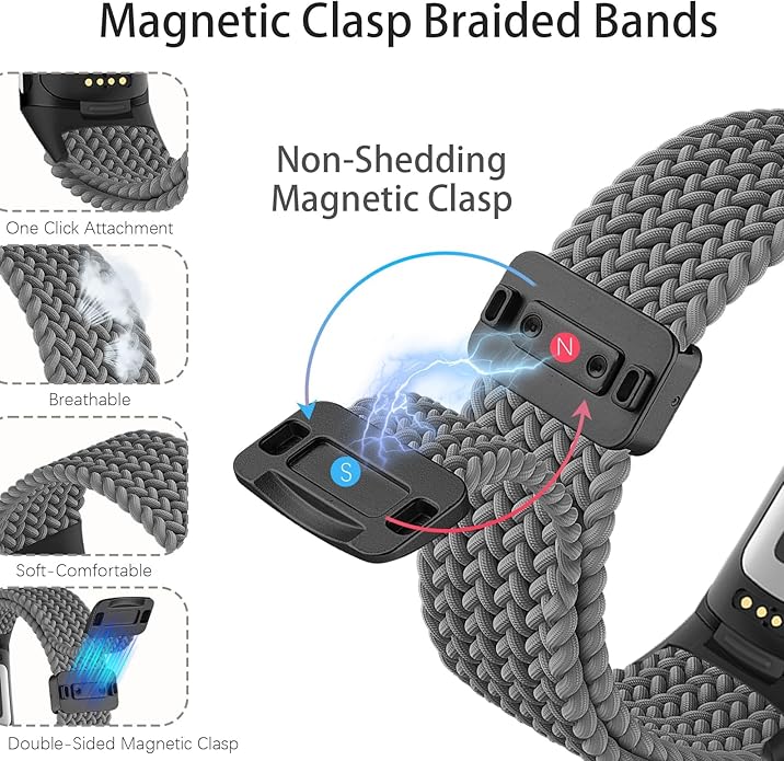Magnetic Braided Nylon Compatible with Fitbit Charge 6 Bands/Fitbit Charge 5 Bands for Women Men, Soft Sport Stretchy Breathable Strap Replacement Wristband for Charge 6/Charge 5