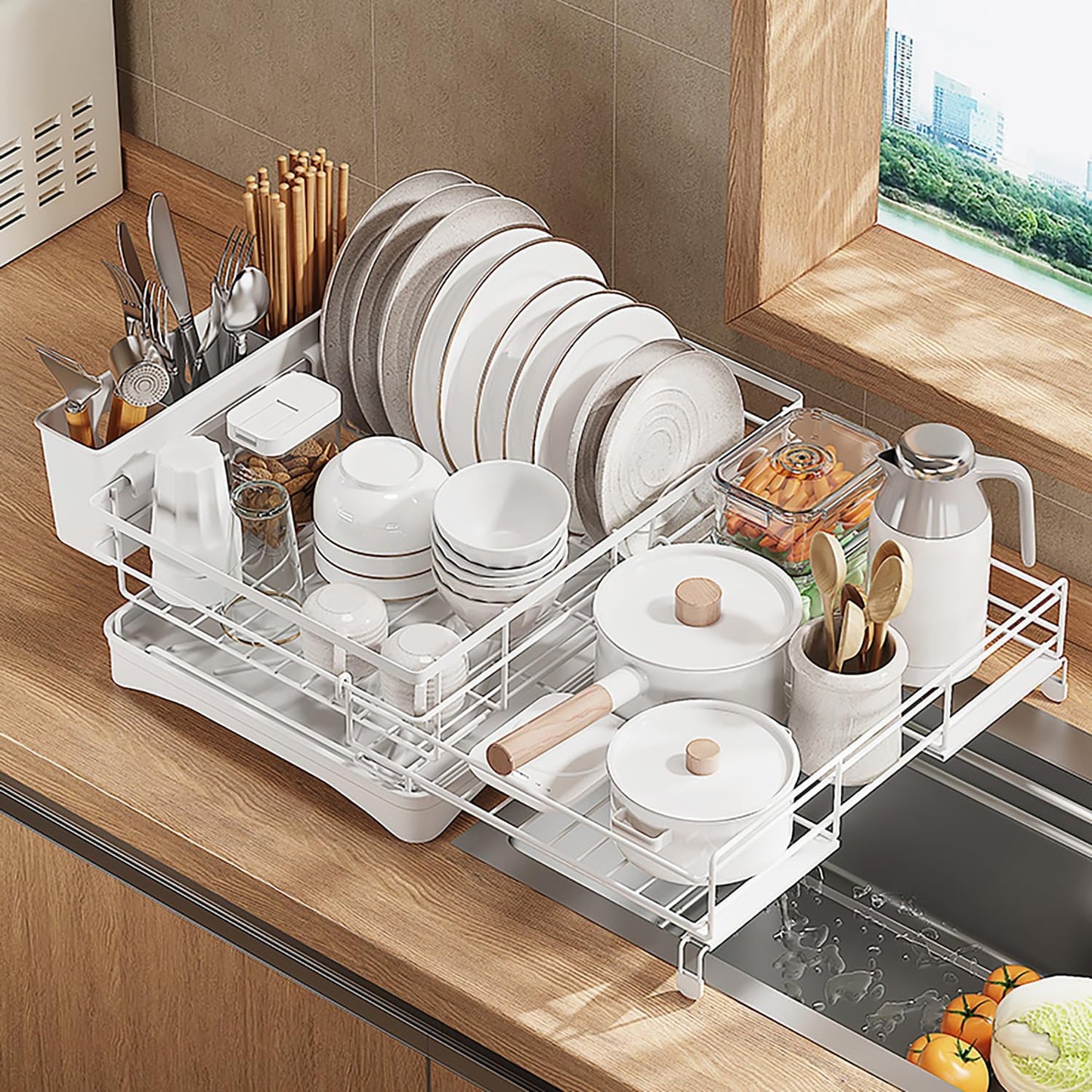 Large Dish Drying Rack - Expandable Dish drainers for Kitchen Counter,Over The Sink Dish Drainer Drying Rack,Rustproof Dish Drainer with Utensil Holder and Drainboard White