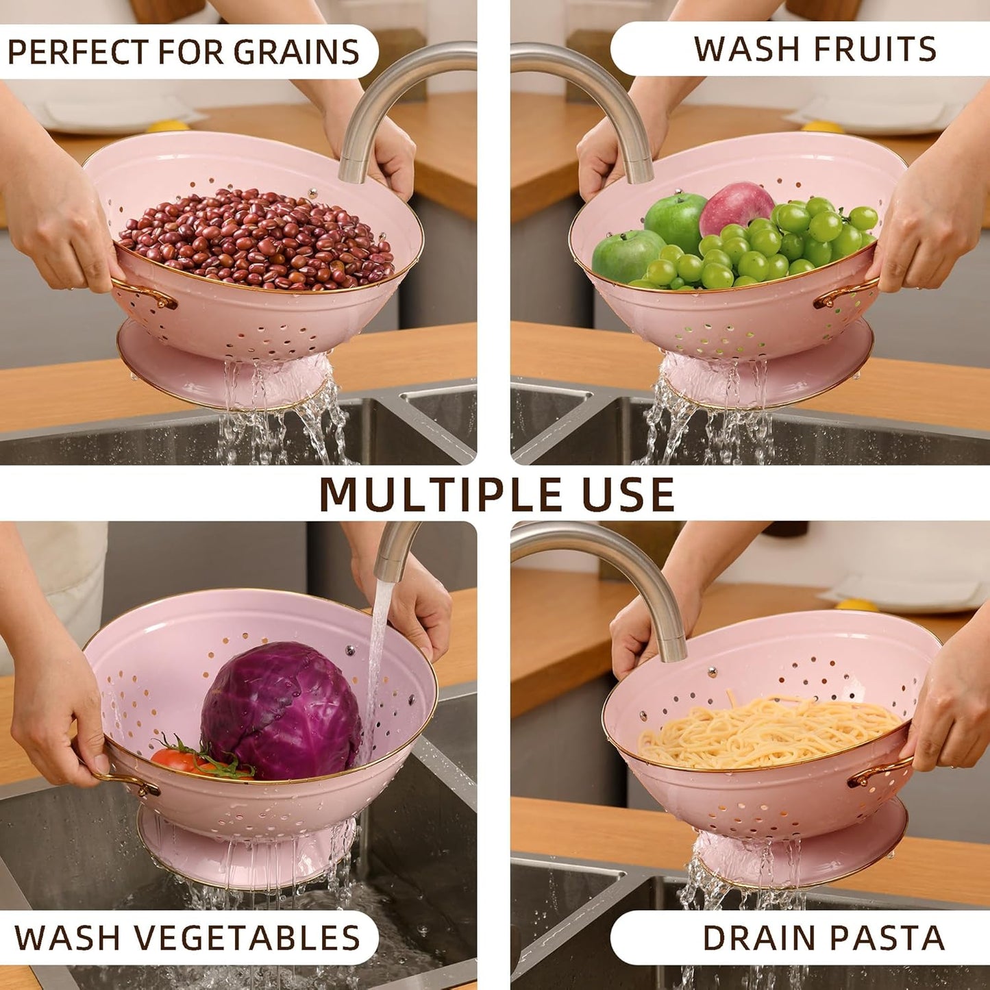 Metal Colander Set of 2, Strainer Basket with Handles 3.5 & 5 Qt Powder Coated Self-draining Solid Ring Base Metal Large Kitchen Colander Bowel for Pasta Vegetable Fruit (PINK), 2pack