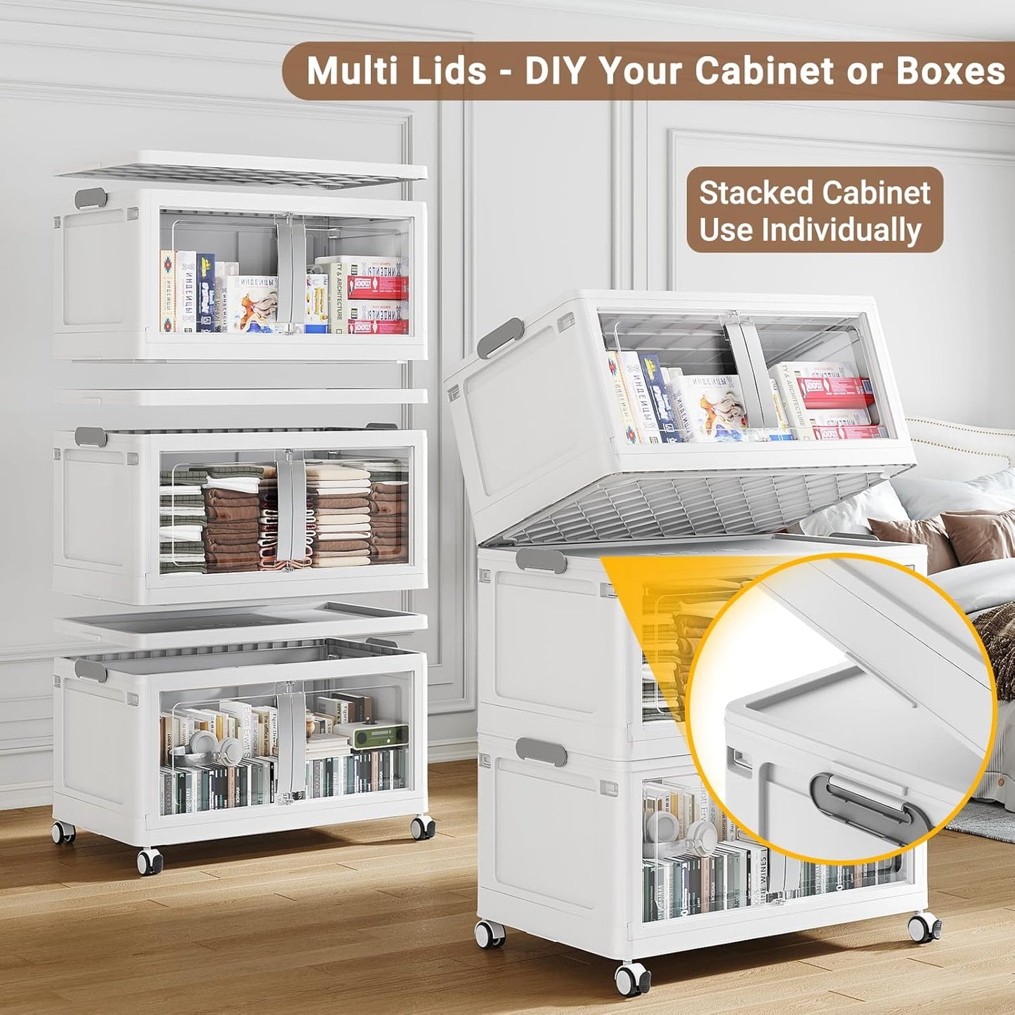 160QT Stackable Storage Bins with Lids, 40Gal Extra Large Collapsible Storage Box with Wheel, Plastic Storages with Clear Door Open Front for Home Bedroom Garage, White-1pack(1 lid)