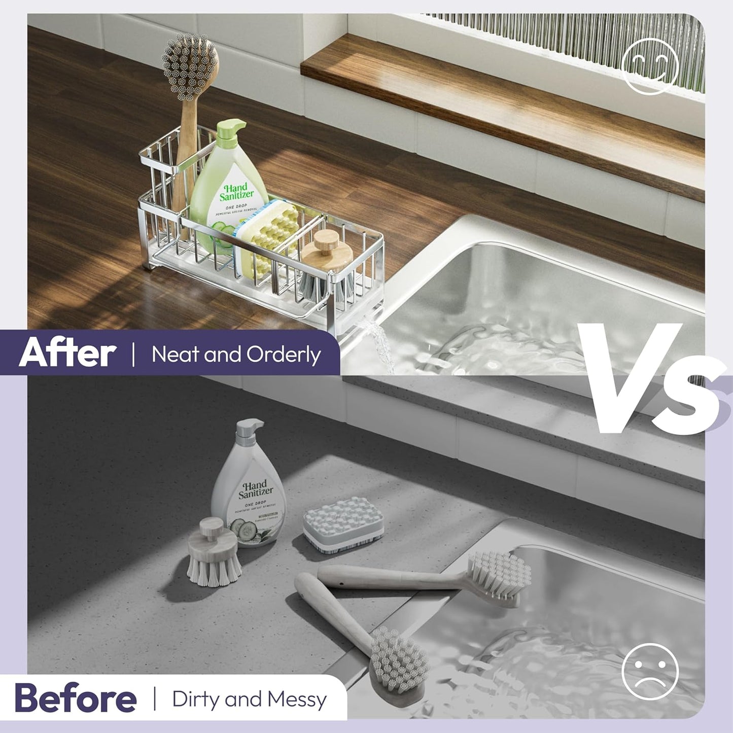 SWTYMIKI Sponge Holder for Kitchen Sink - Sink Caddy with Brush Holder Self-draining Sponge Caddy Organizer with Divider Stainless Steel Kitchen Accessories Storage for Countertop, Silver