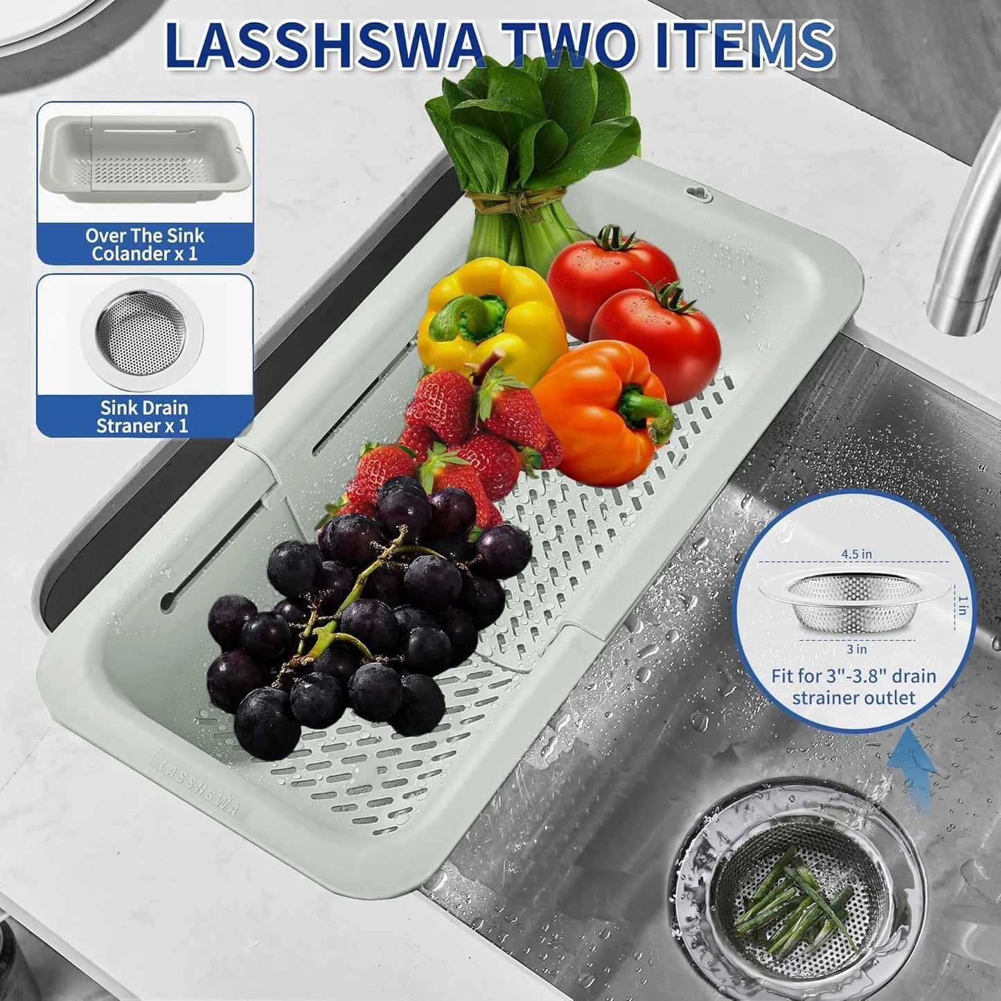 LASSHSWA Collapsible Colander and Strainer for Kitchen, Over the Sink Strainer Basket for Kitchen, Fruit Pasta Food Strainer Expandable Plastic Colander with A Sink Drain Strainer Stainless Steel